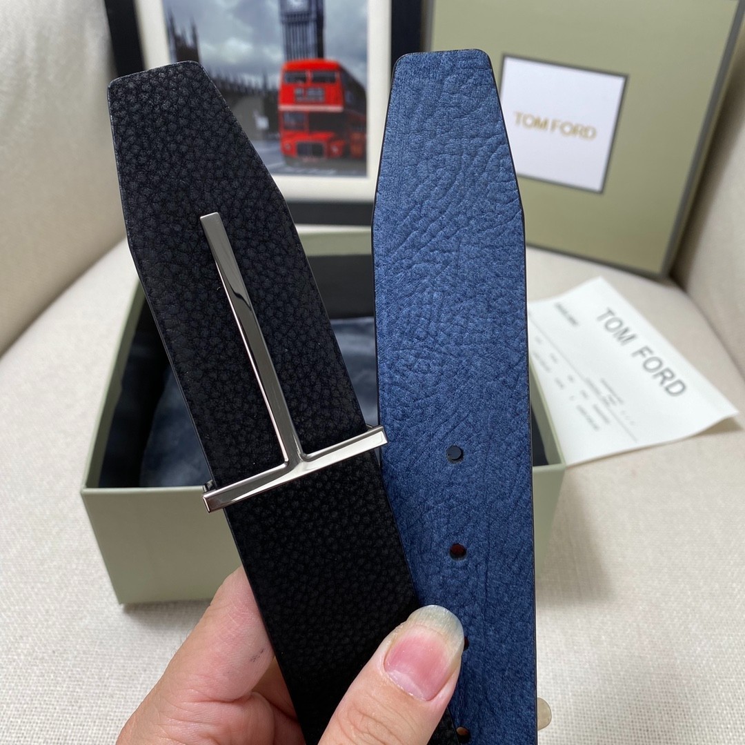 Tom Ford Belt Reversible T-Silvery Buckle Black/Blue Calfskin Leather Belt