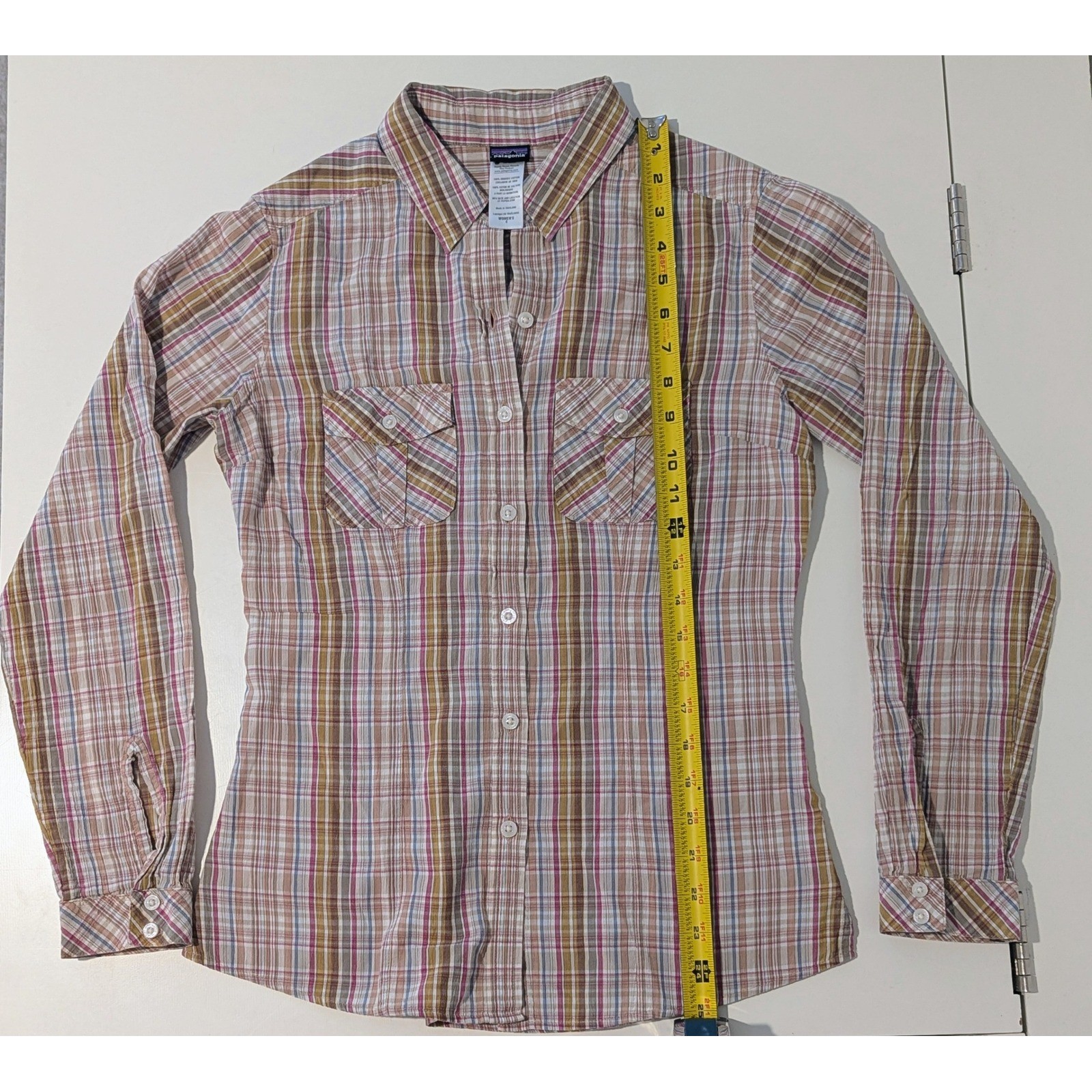 Patagonia Womens Organic Cotton Plaid Button Down Shirt Pink Yellow Blue Size 4