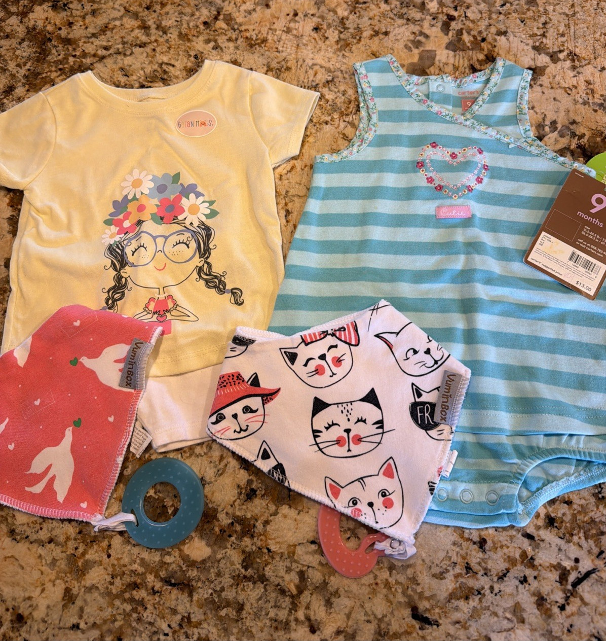 baby girl 6-9 months lot 1 piece, 2 hankerchief bibs by Vumin box, Shirt & short