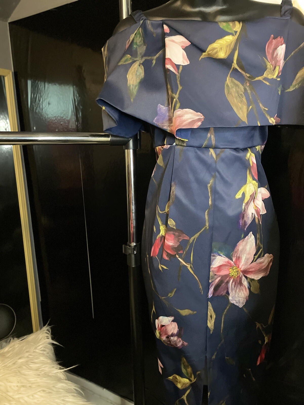 DOROTHY PERKINS Navy Floral Off-Shoulder Pencil Occasion Dress UK 8 EUR 36 US 4