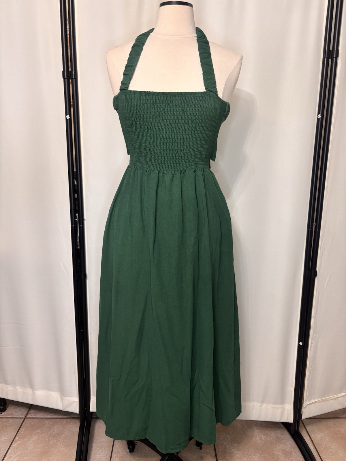 Womens Smocked Green Midi Dress Cottage Sundress Pockets Backless Straps Stretch
