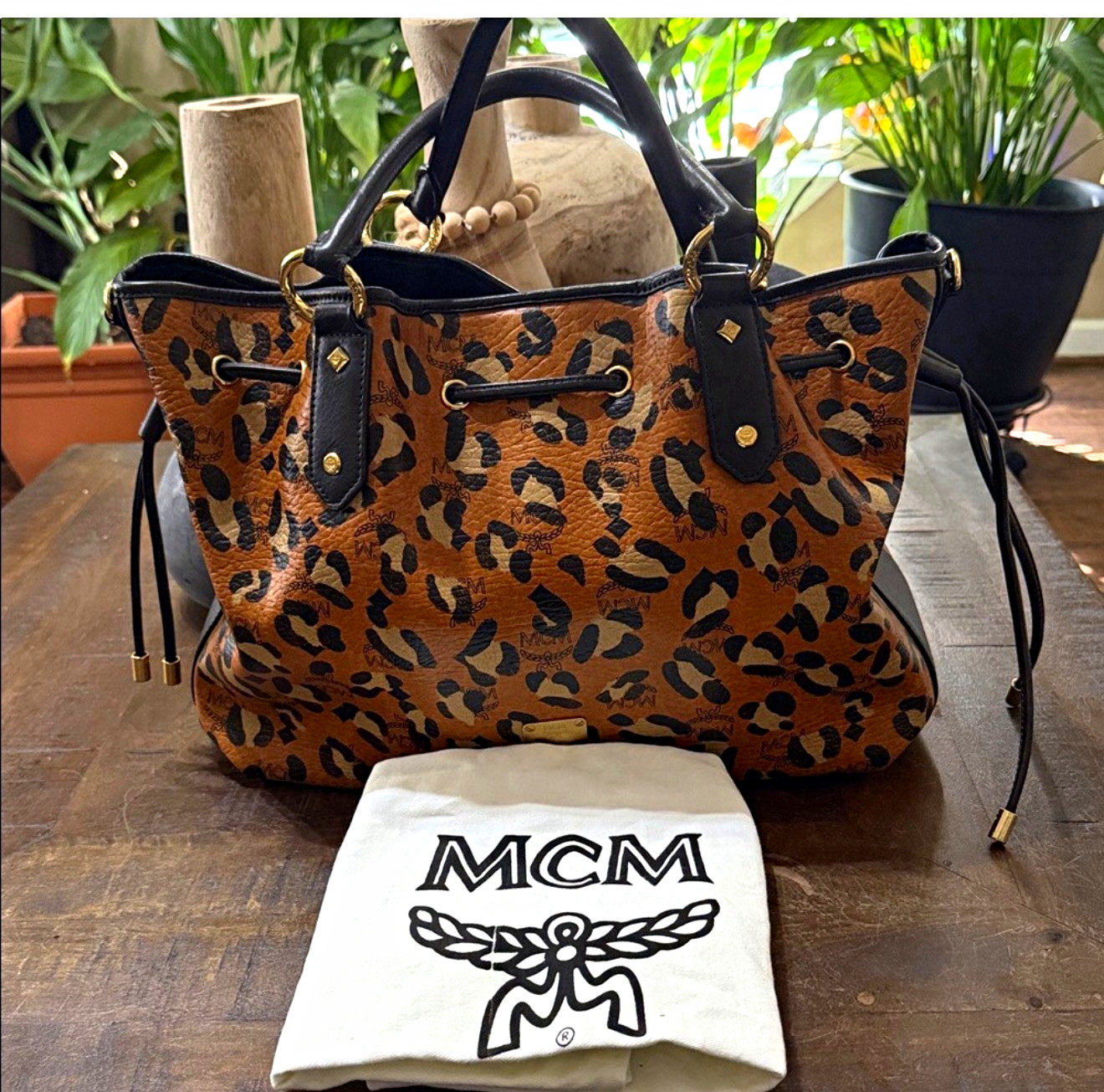 MCM Leopard Print Satchel Top Handle Bag Brown Black Drawstring Gold Dust Bag