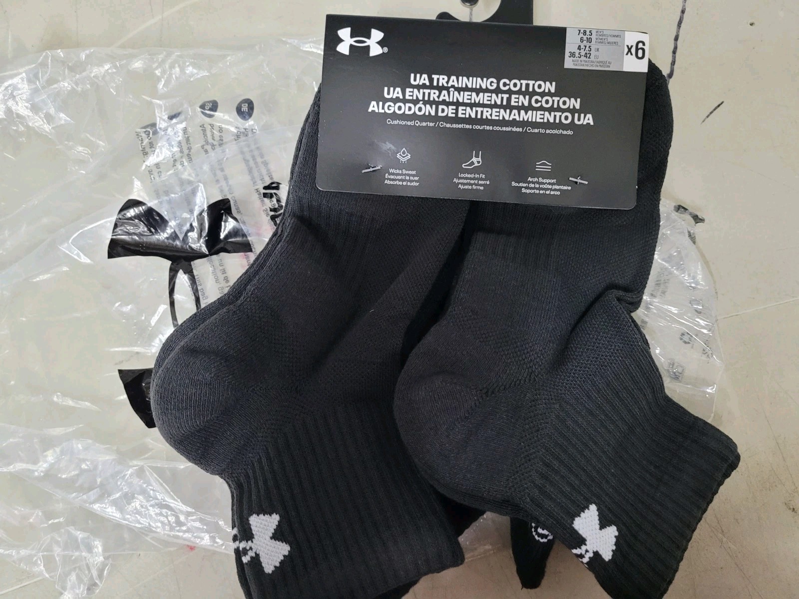 Under Armour Training Cotton Quarter Socks 6 Pair Black Arch Support Lock In Fit