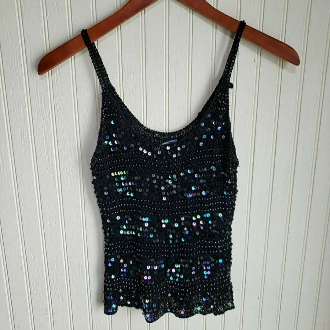 Takeout Tank Top Juniors Small Black Scoop Neck Sleeveless Sequin Cami Crochet