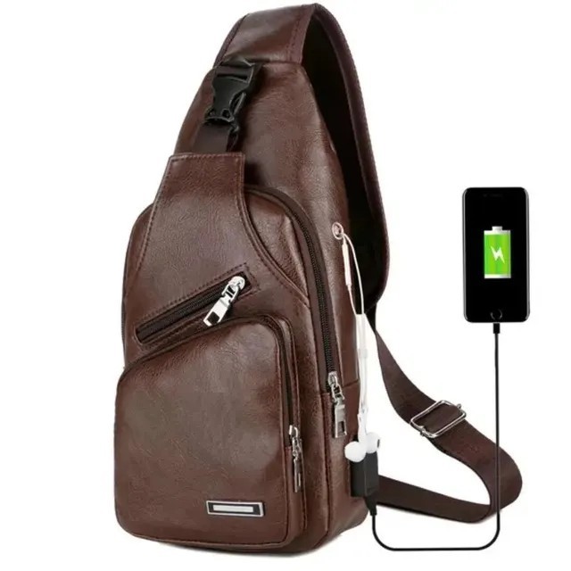 Men’s Leather Sling Bag Chest Pack Crossbody Shoulder Backpack USB Earphone Port