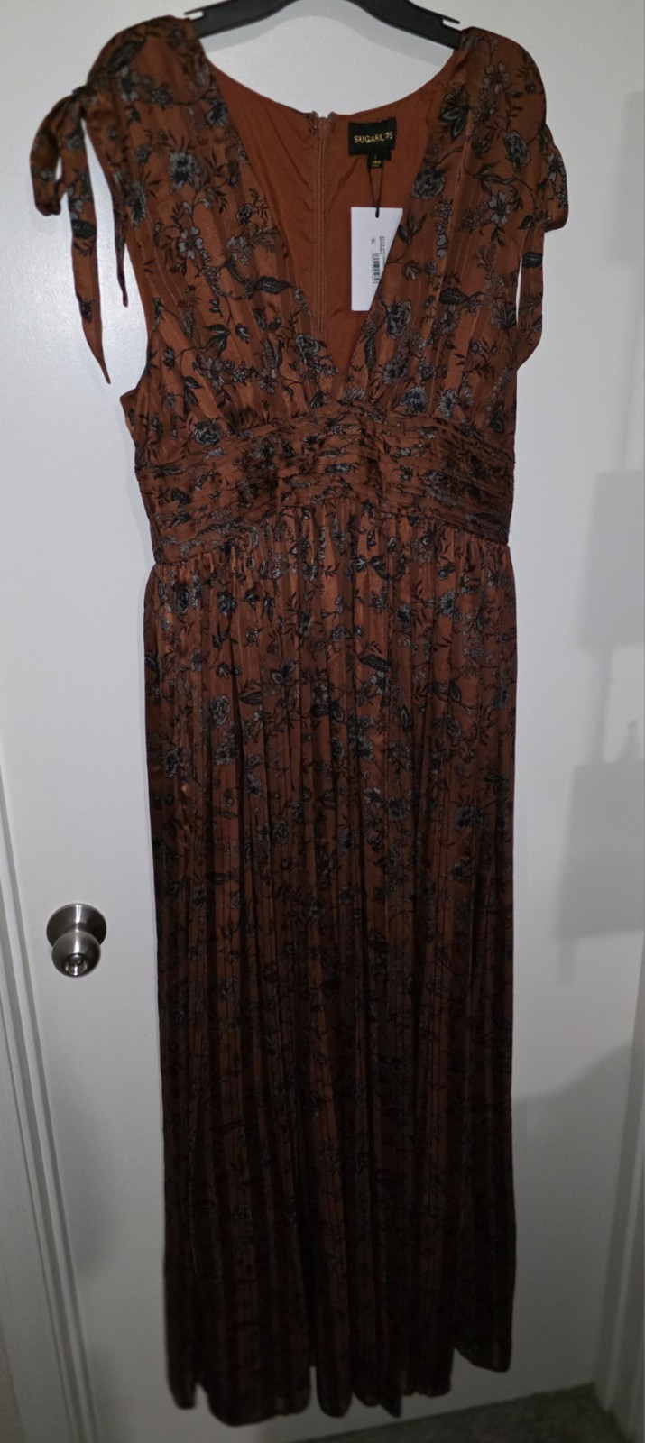 Sugarlips Brown Floral Chiffon Maxi Dress V-Neck Puff Sleeve Ruffle Zip L
