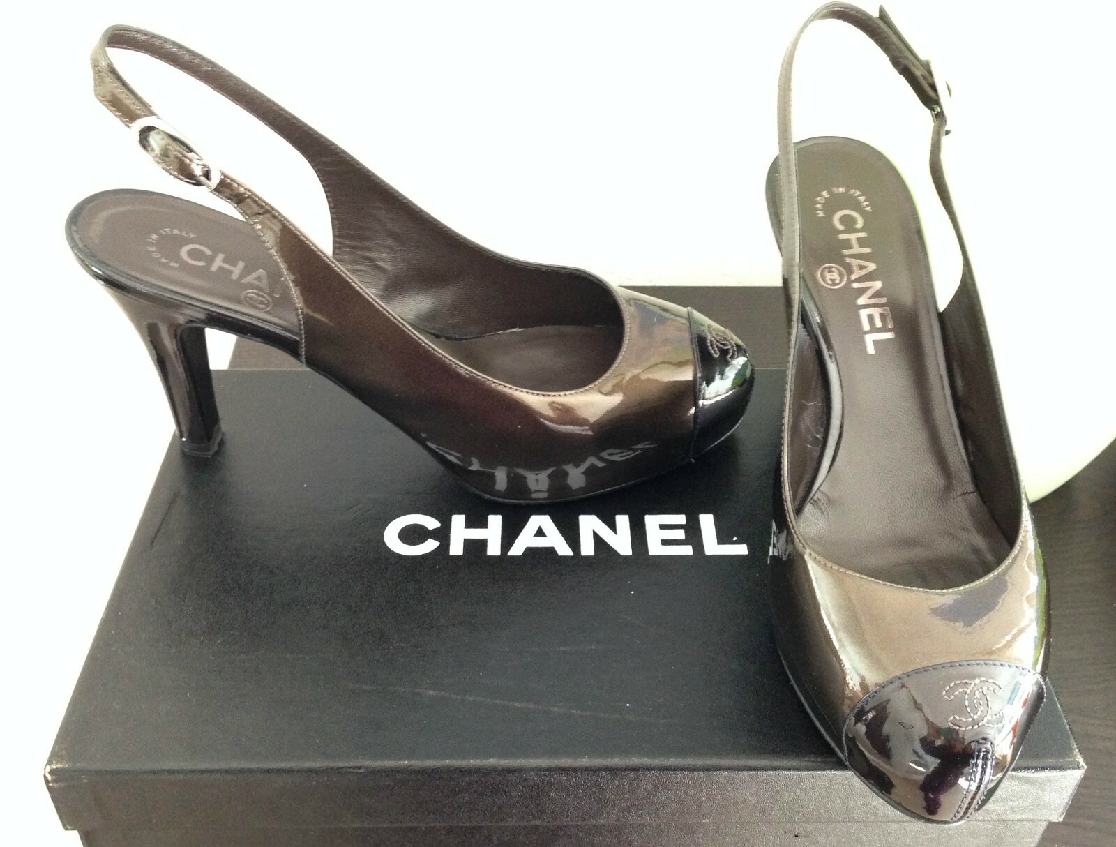 Auth Chanel CC LOGO TOE bronze w/ black slingback pumps box bags SZ 7 US 37 EU