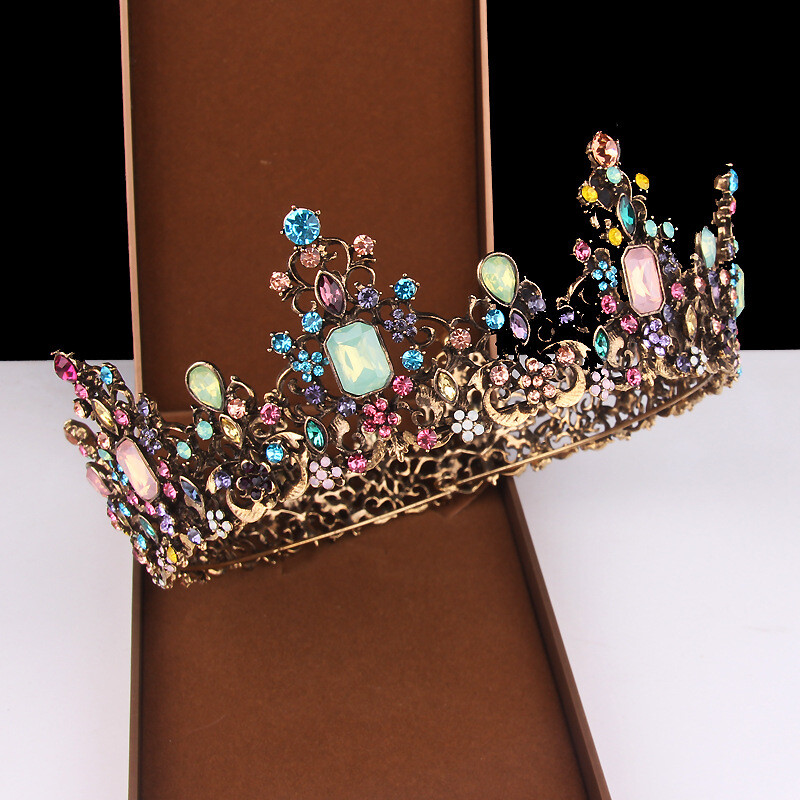 6cm Tall Multi-Color Crystal Gold Large Round Crown Wedding Prom Queen Princess