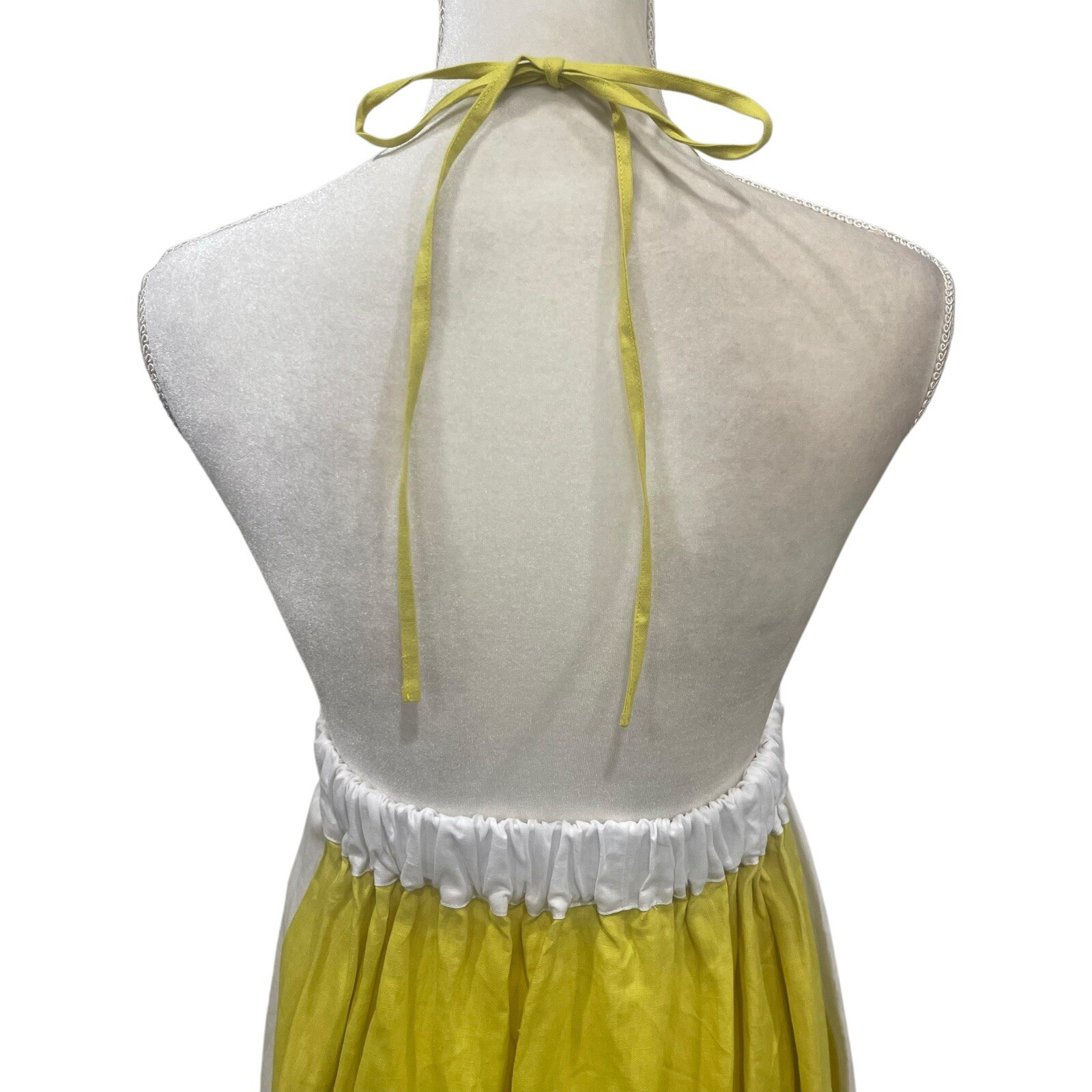 Fanm Mon Large Linen Yamile Floral Embroidered Halter Midi Dress Mustard Lime