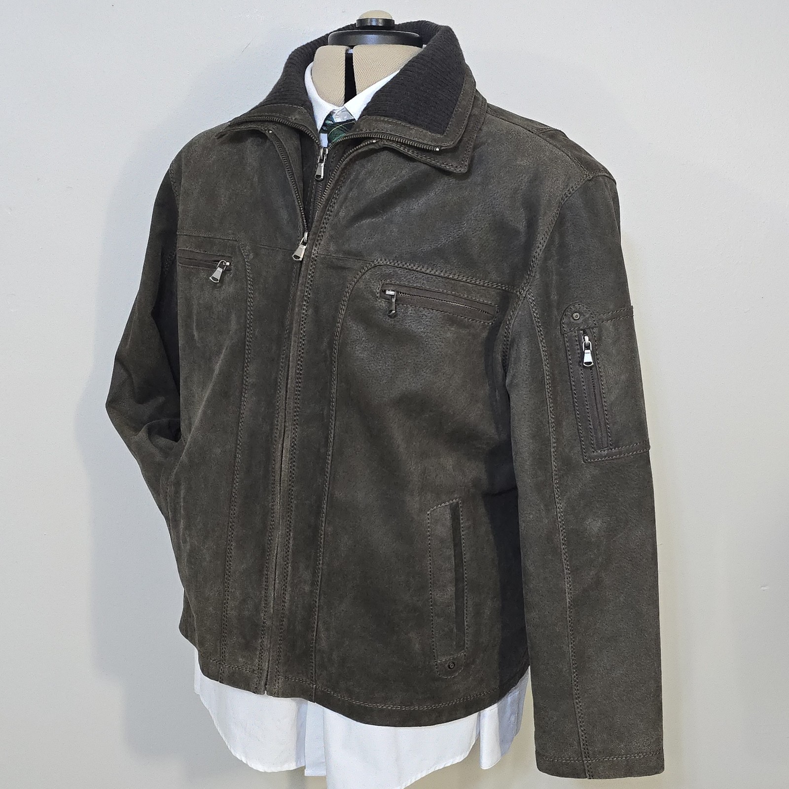 ROUNDTREE & YORKE Premium Suede Leather Jacket Dark Brown 2 Zippers Mens XL $395