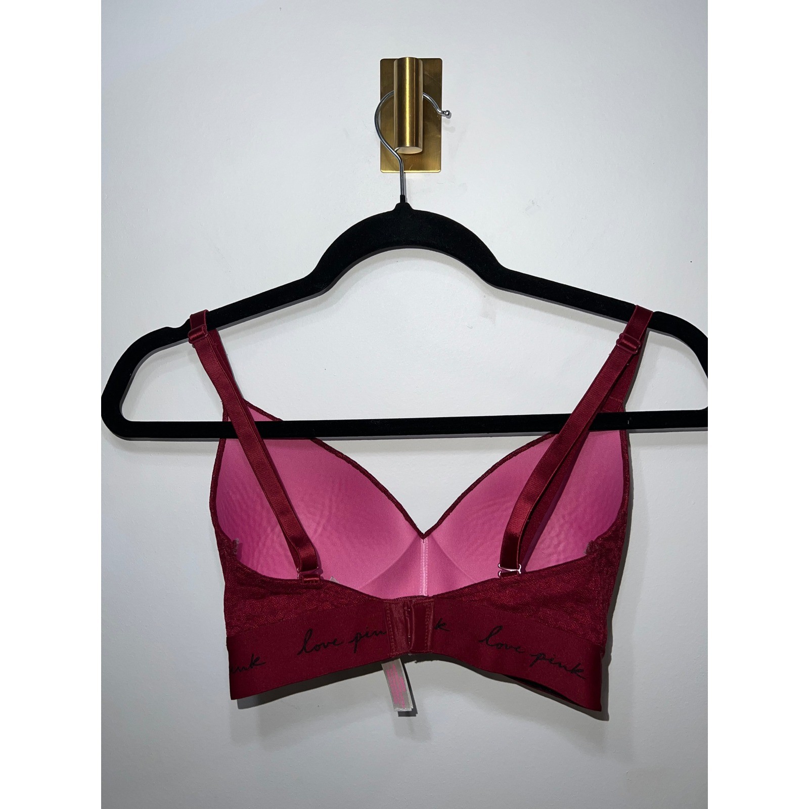 PINK Victoria’s Secret Wireless Bra Leopard Lace Burgundy 32DD Padded Logo Band