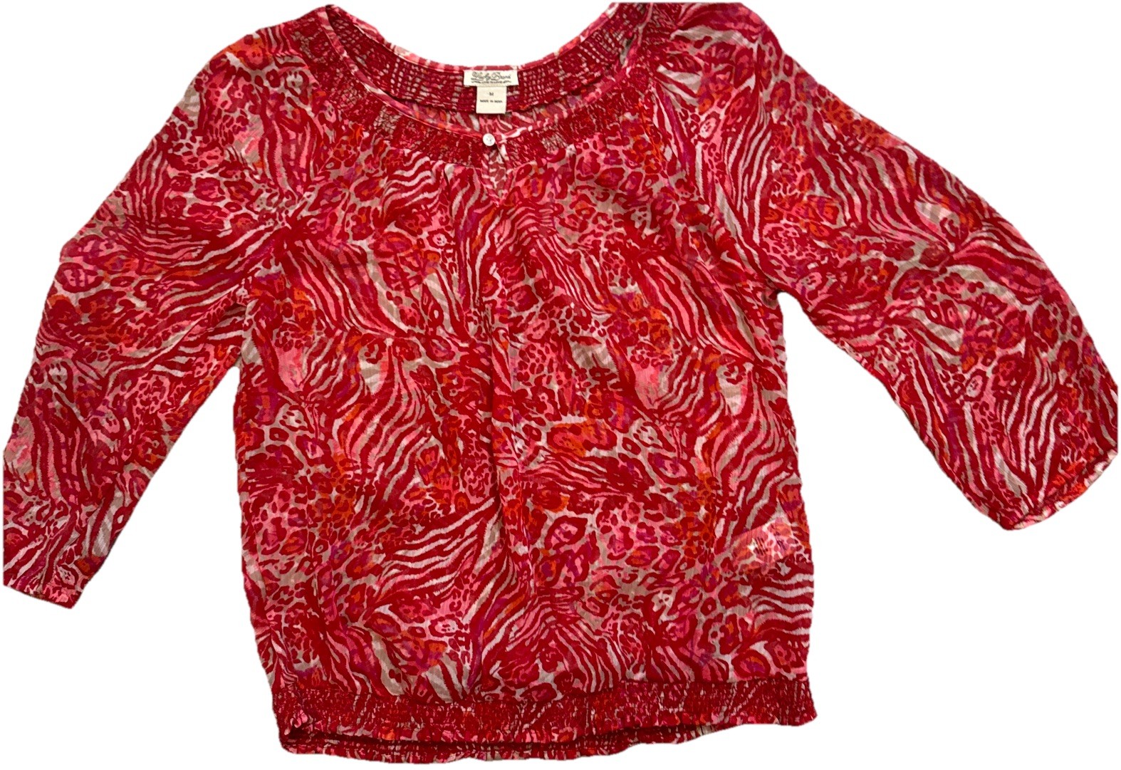 Lucky Brand Peasant Top Blouse Red Fuchsia Pink Orange Ivory Animal Print Size M