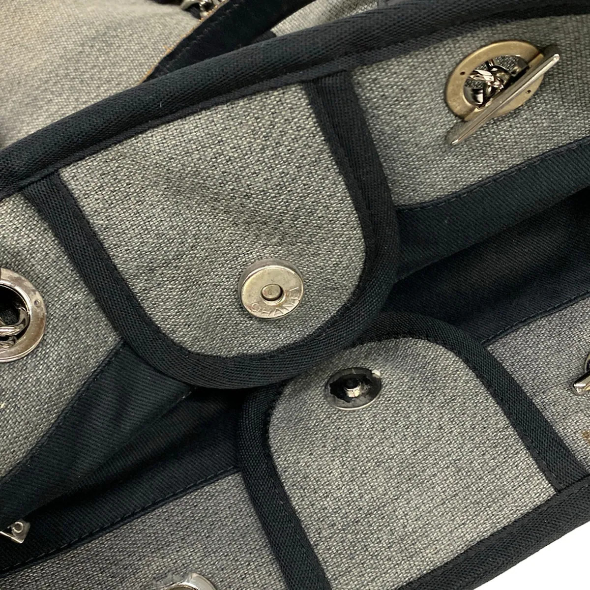 CHANEL Deauville Line Gray Black Canvas Leather Tote Bag