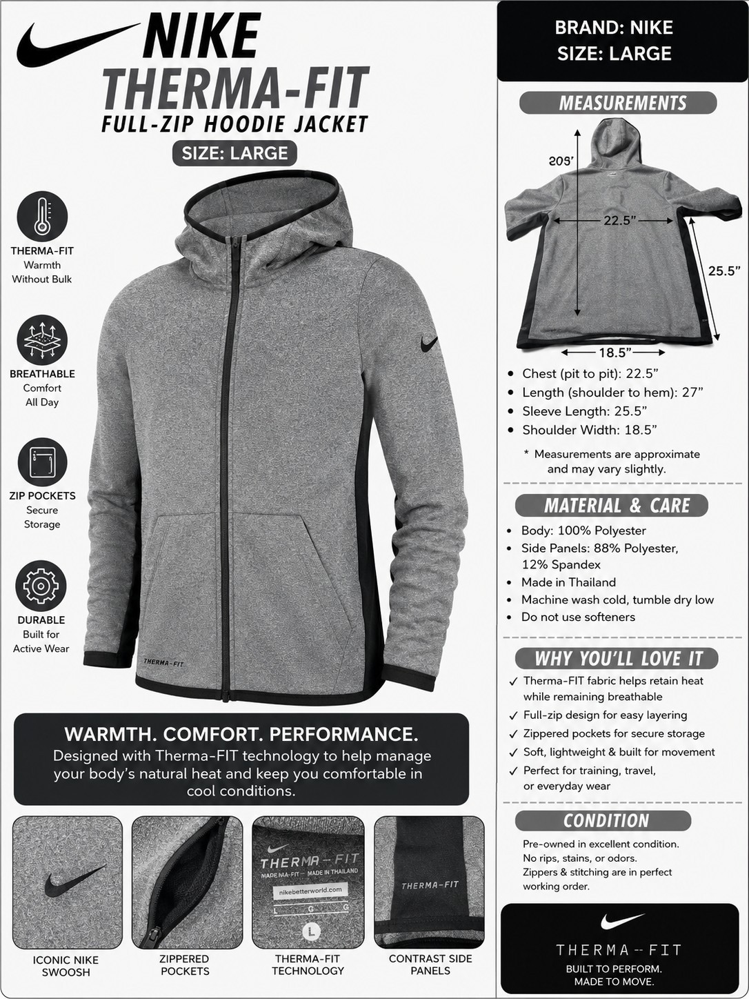Nike Therma-FIT Full Zip Hoodie Jacket – Women’s Large – Gray/Black