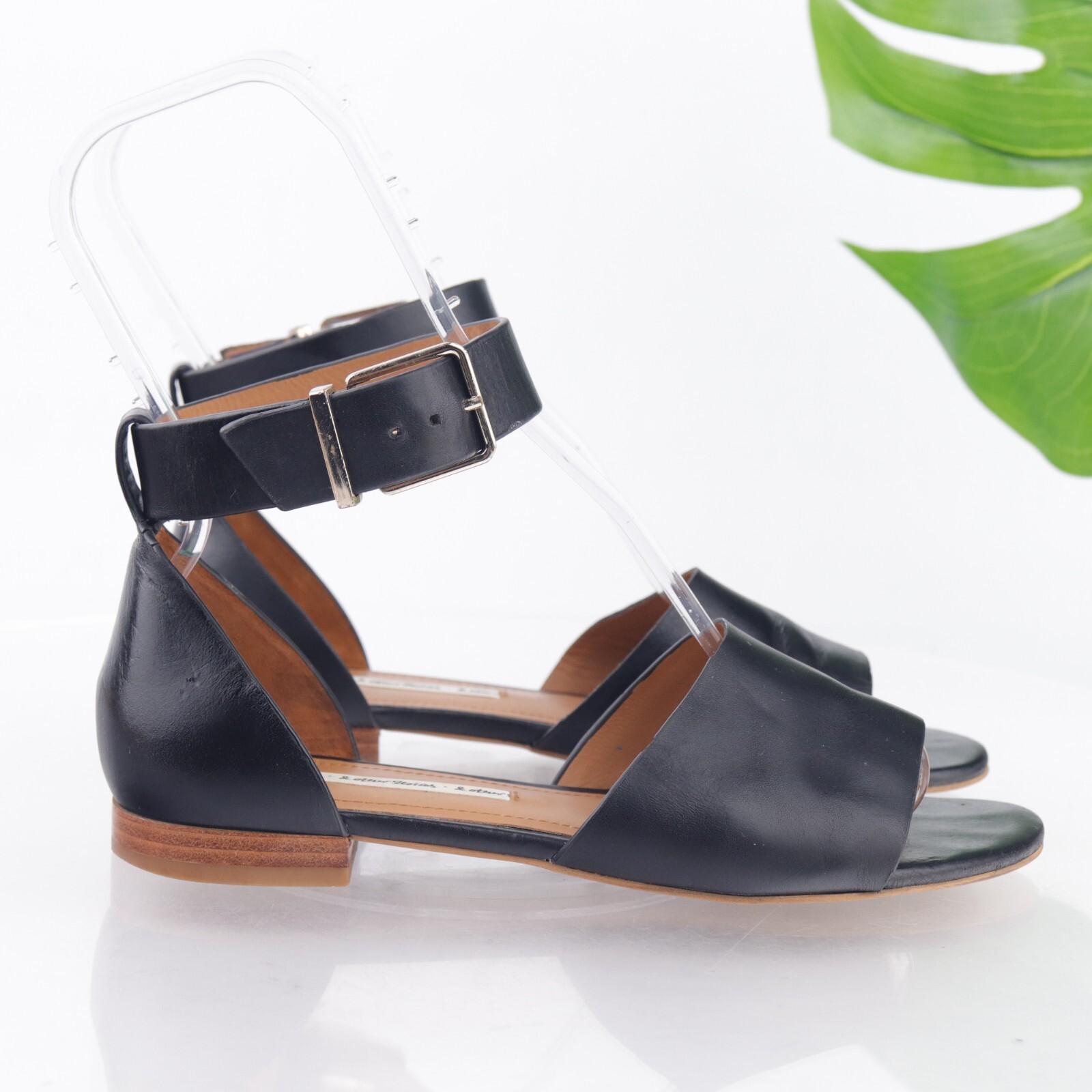 & Other Stories Womens Sandals Size 8 Black Leather Ankle Strap Flat Clean Girl