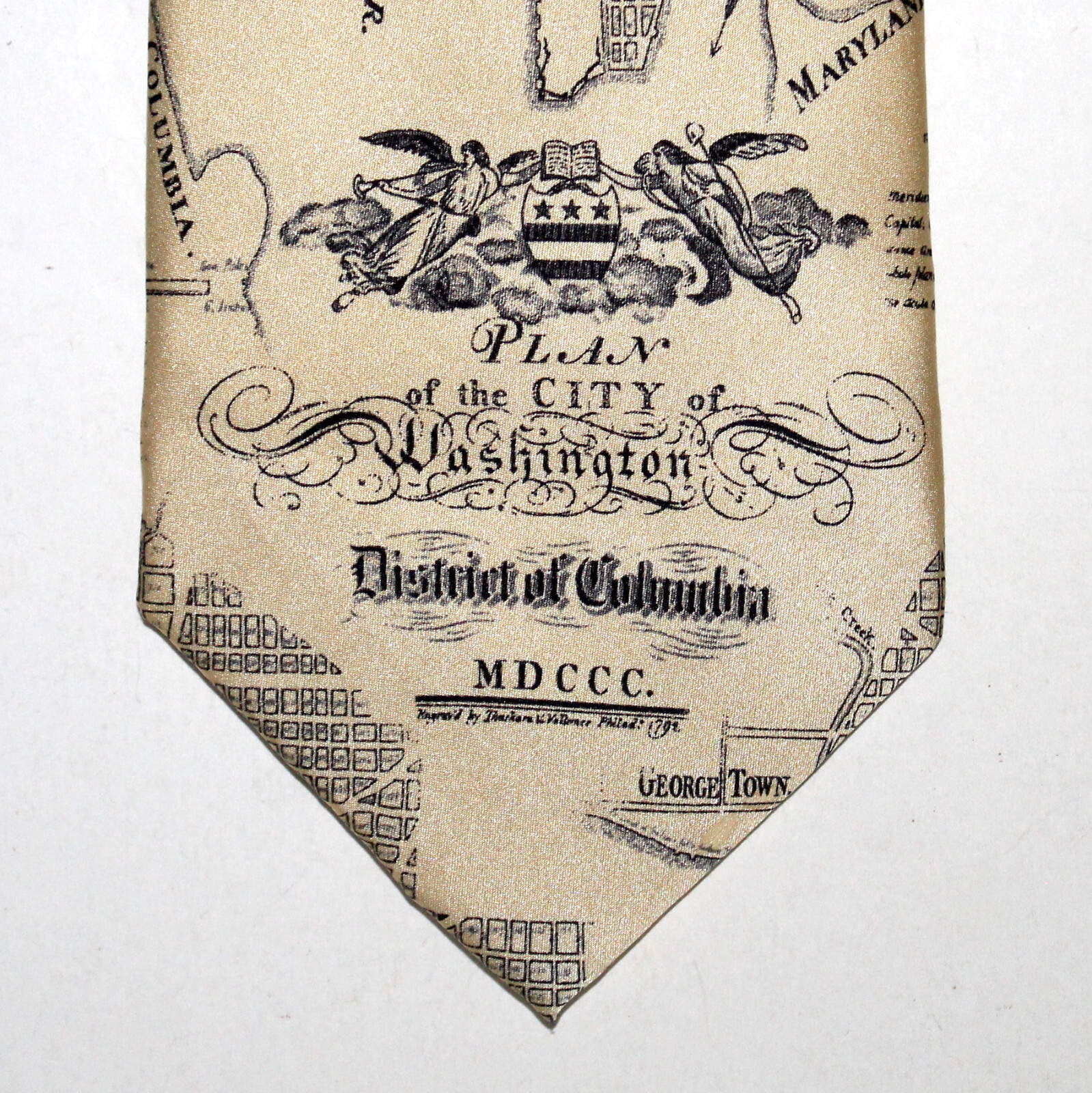 Museum Artifacts Necktie Washington DC Plan 1800 cream silk map vintage