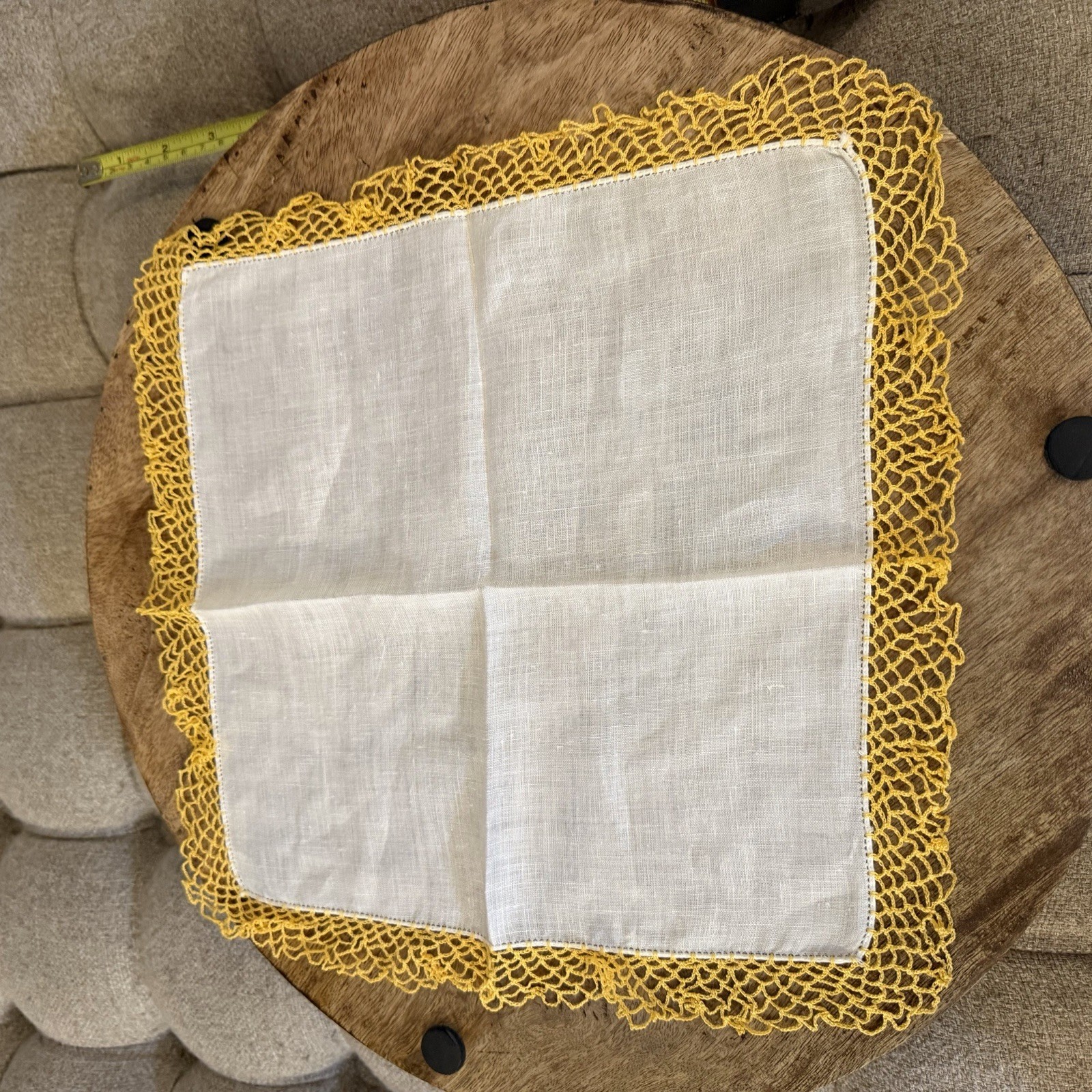 White Linen Handkerchief With Yellow Crochet Tatting 12” X 12”