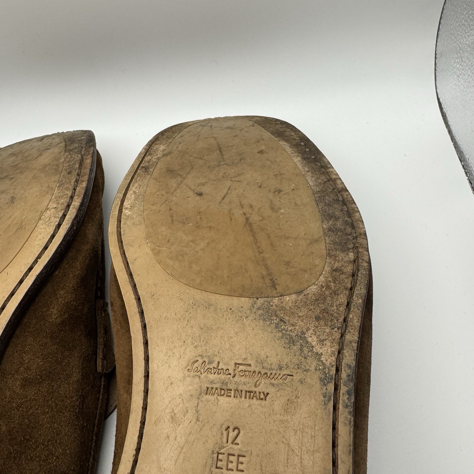 Salvatore Ferragamo Rolo Gancini Loafers Brown Calf Leather Suede 12 EEE Italy