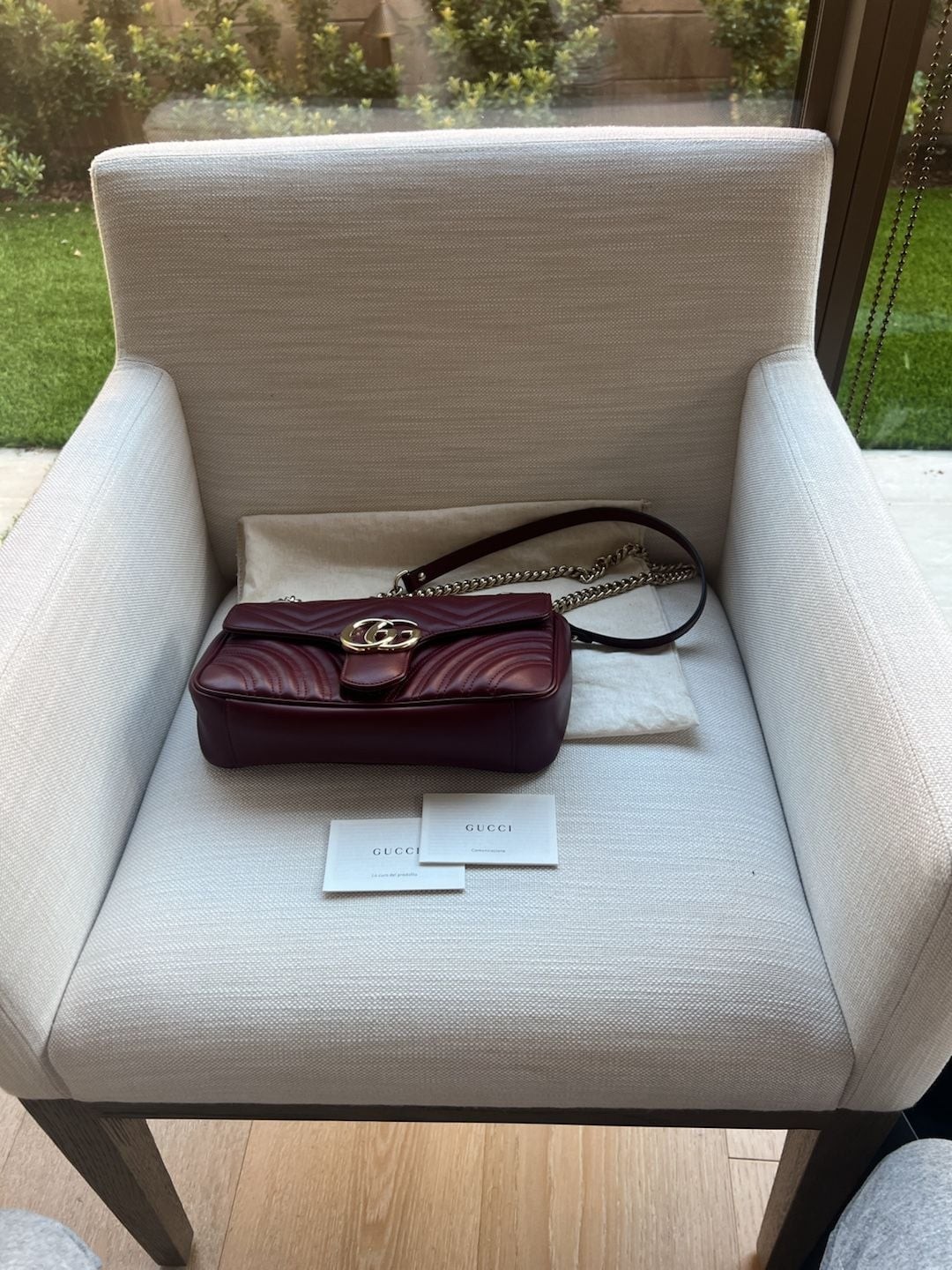 Gucci GG Marmont Small Shoulder Bag in Bordeaux Matelassé Leather