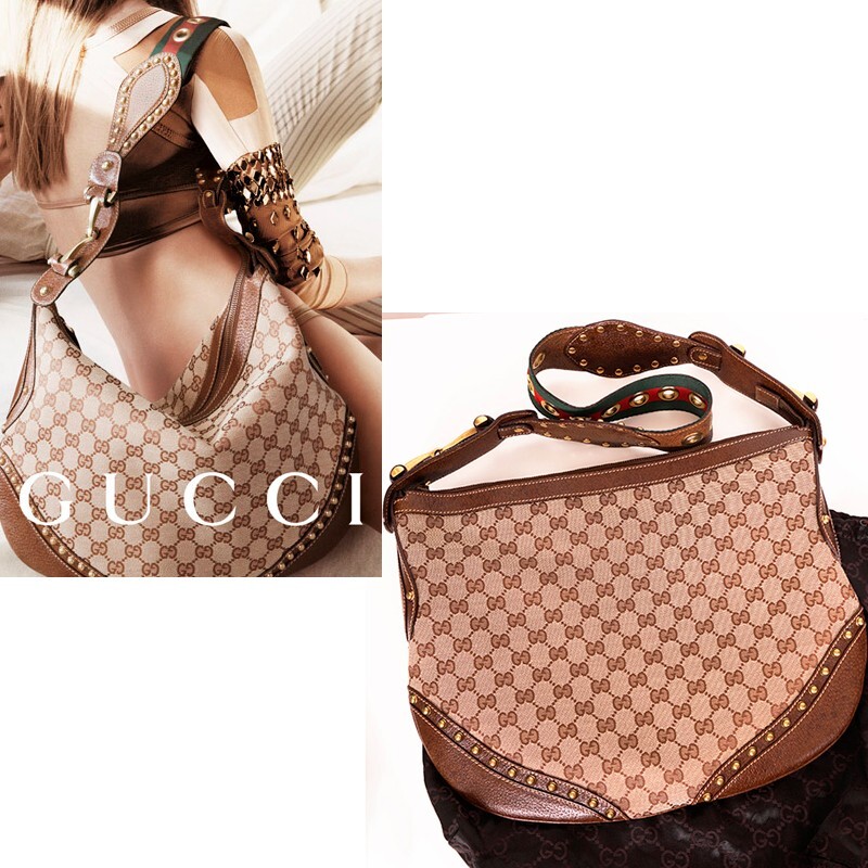 2005 VINTAGE GUCCI Brown GG Canvas Leather Pelham PRINT AD RUNWAY Messenger BAG