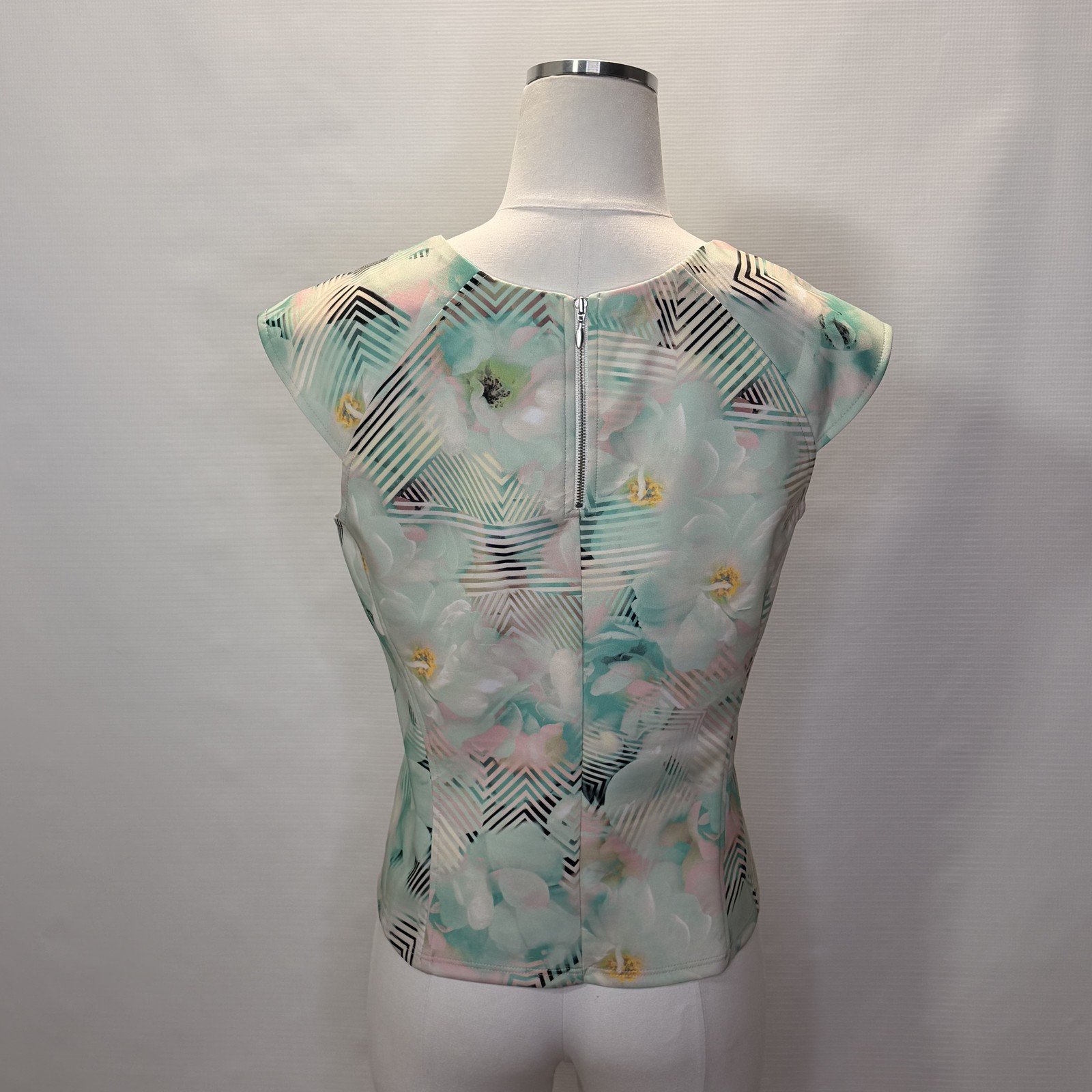 Robert Rodriguez Blouse Womens Medium Green Floral Geometric Zip Sleeveless Top