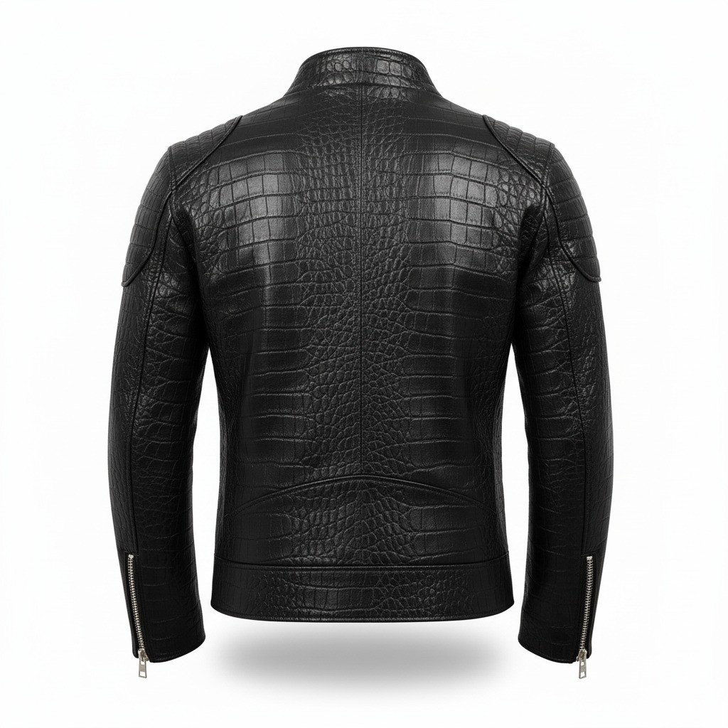 Men’s Black Crocodile Embossed Asymmetrical Motorcycle Biker Real Leather Jacket