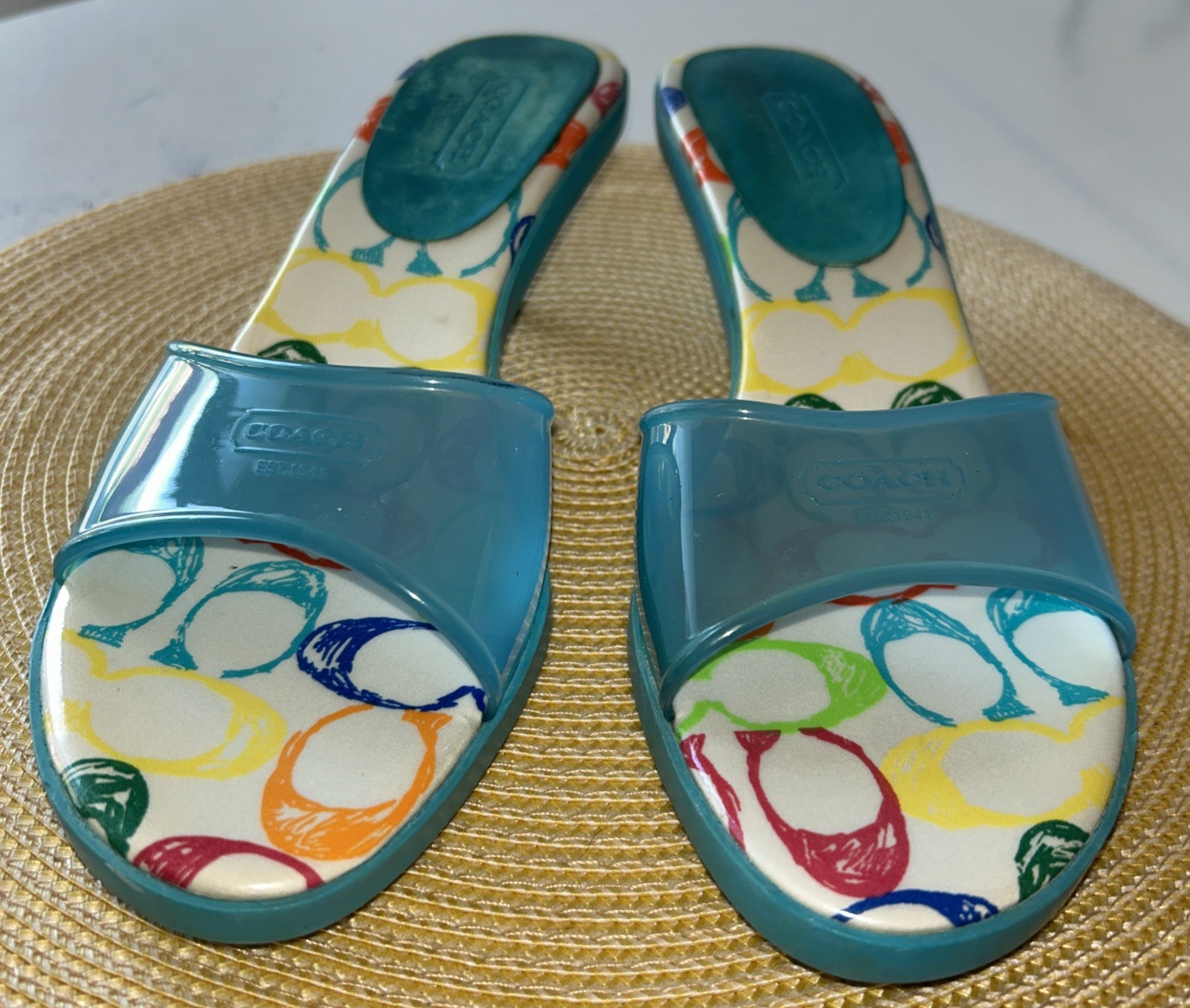 VTG Coach Y2K Jelly Kitten Heel Sandals Teal Blue Scribble Pattern Size 10