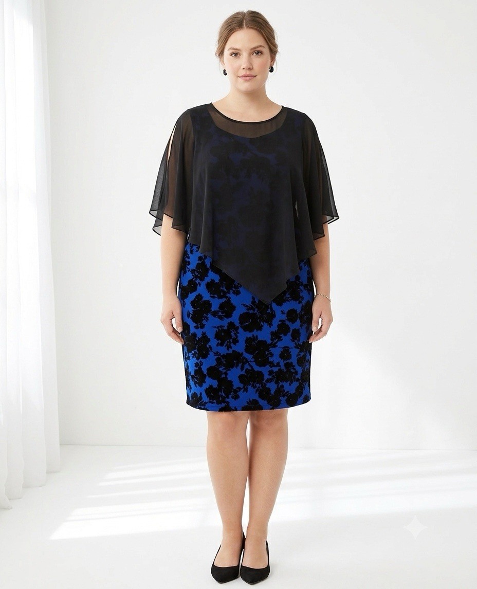 En Focus Studio Women’s Plus 14W Dress Blue Black Floral Chiffon Popover Sheath