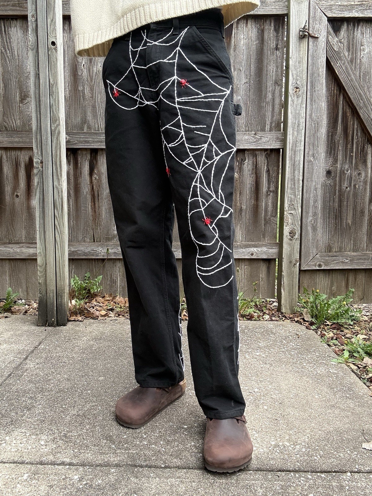 Custom Rework Carhartt Faded Black Jeans – Embroidered Spider Web Size 28×32
