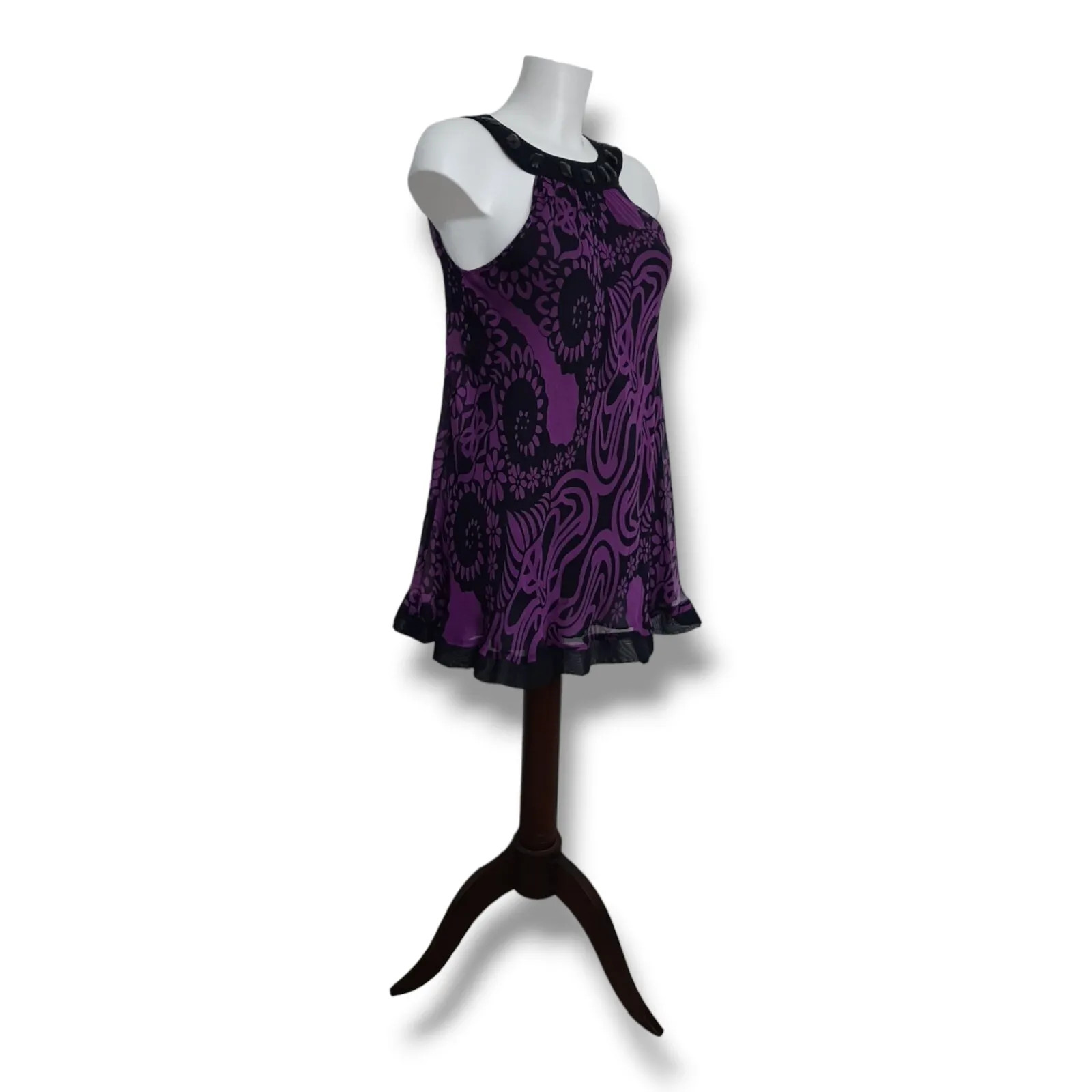 OASIS Pure Silk Sleeveless Top Tunic Pussy Bow Floral Black Purple 12 New NWT