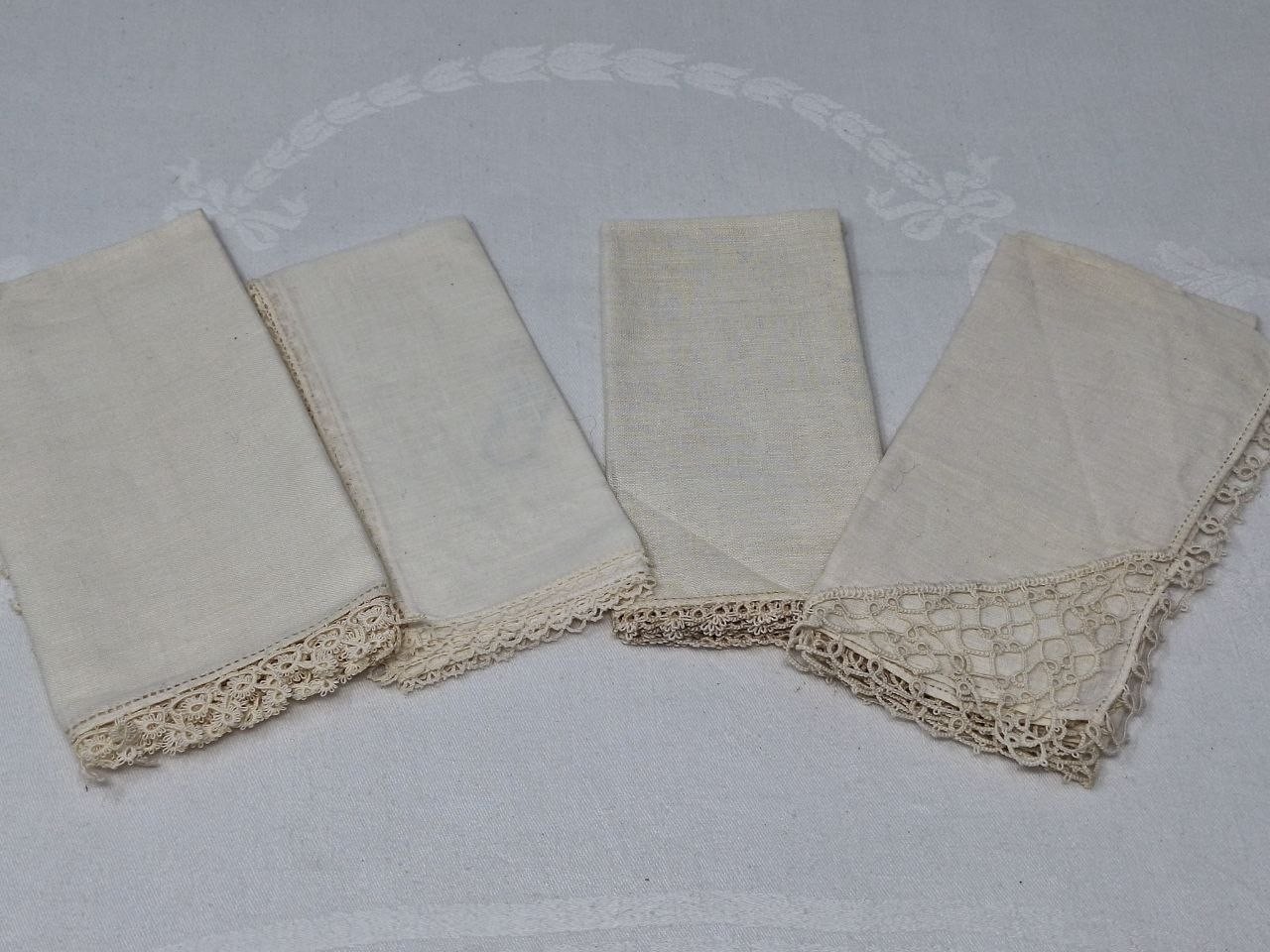 Lot of 4 Vintage Ivory Linen Tatted Edge Hankies FREE SHIP