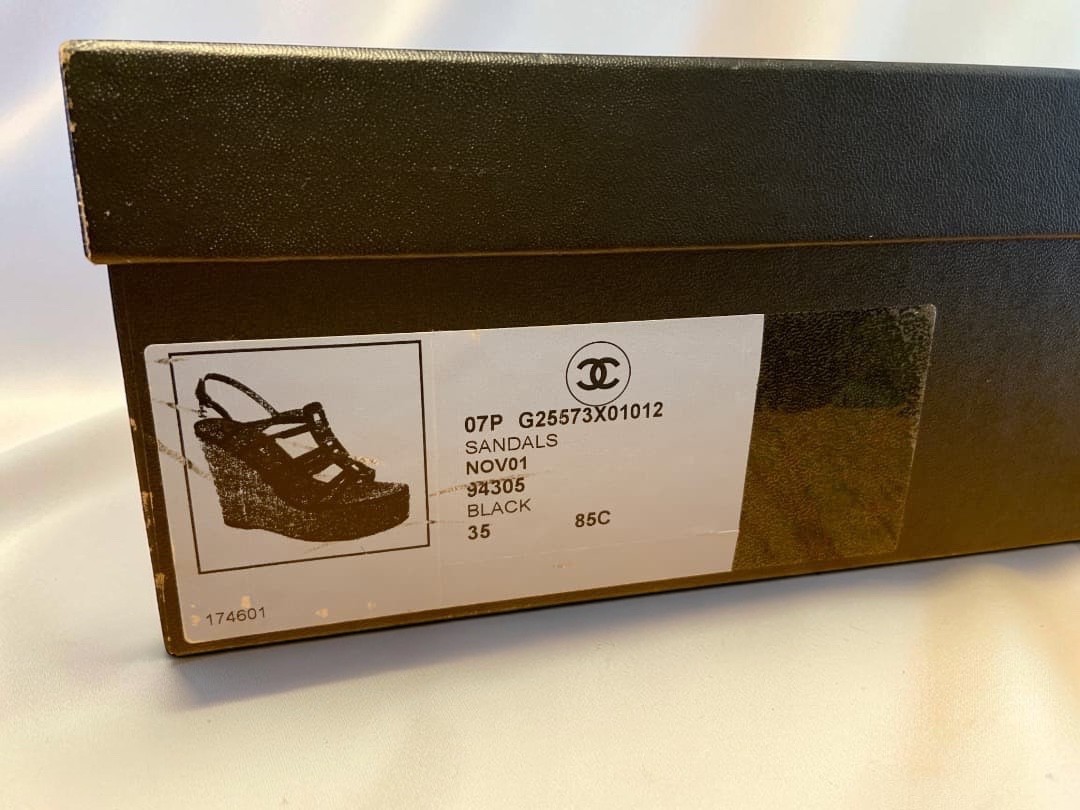 CHANEL CC Logo Coco Mark Patent Leather Strappy Cork Wedge Sandals US 5