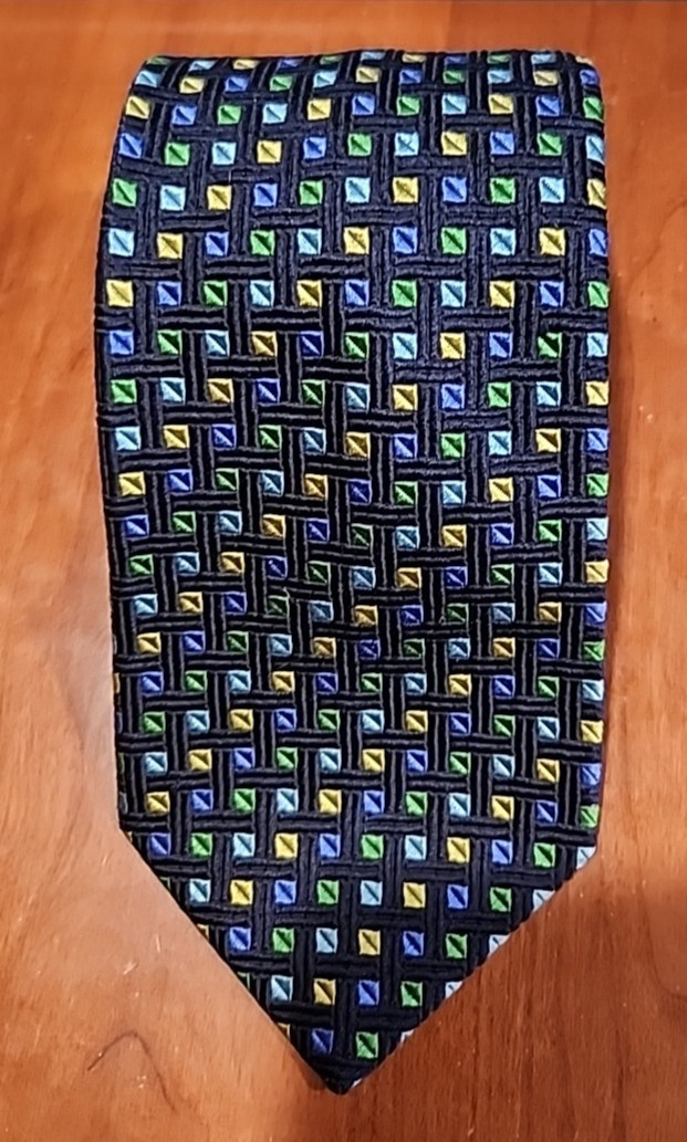 XMI Platinum Mens Tie Black/Yellow/Green/Blue Geometric 100% Silk Hand Made T-1