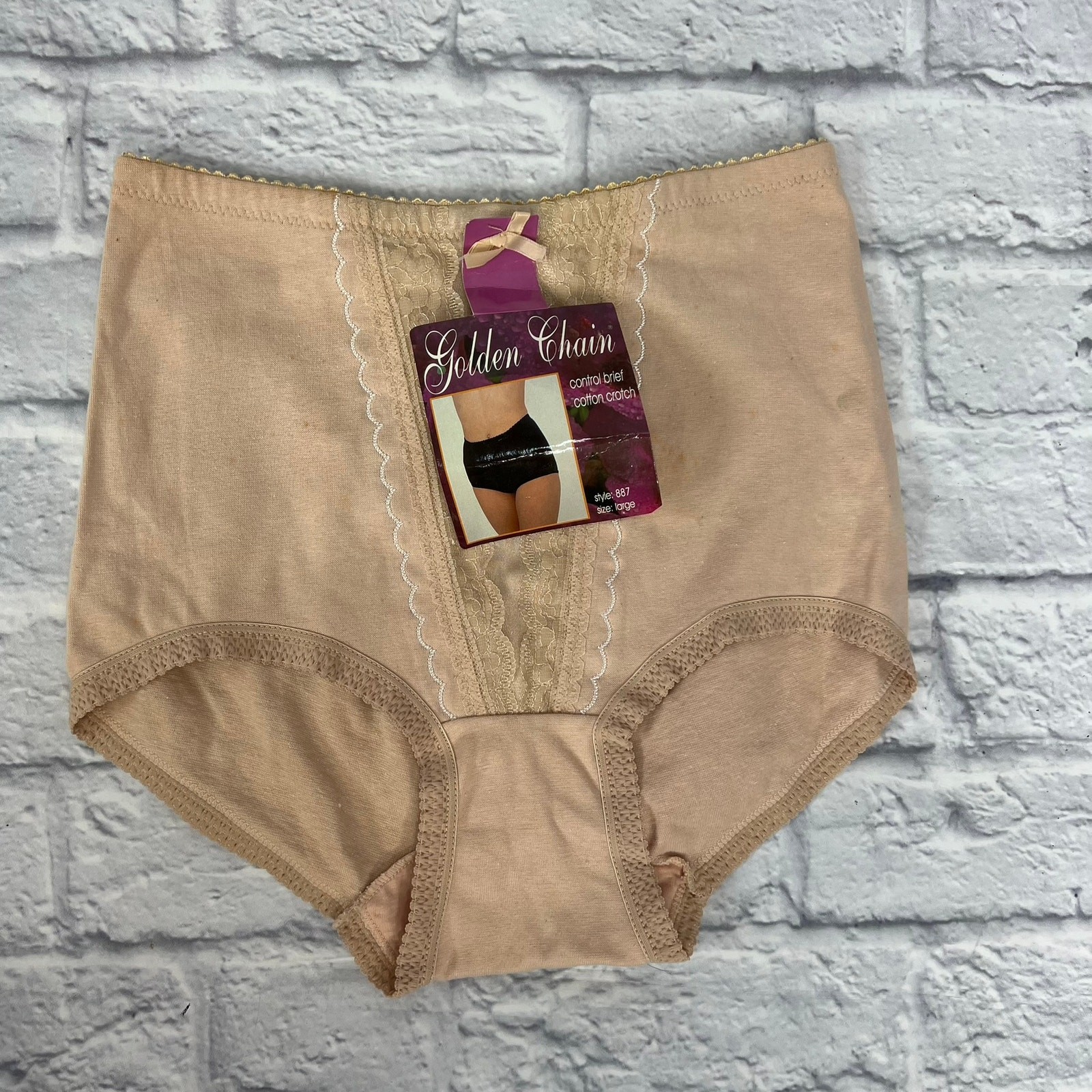 Vintage Control Brief Panties Lace Front Beige Size L Cotton New