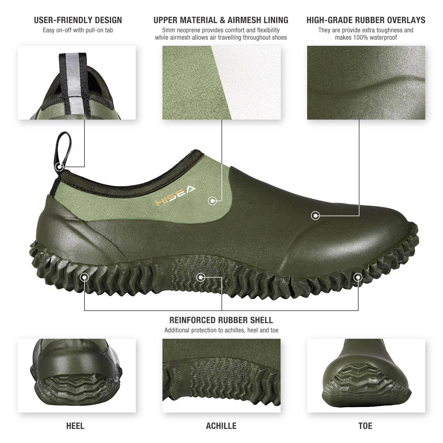 HISEA Unisex Garden Shoes Waterproof Anti-Slip Ankle Rubber Rain Boot Farm Yard