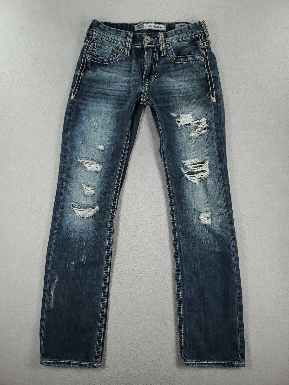BKE Jeans Mens 26×30 Blue Aiden Straight Low Rise Dark Wash Faded Ripped Denim