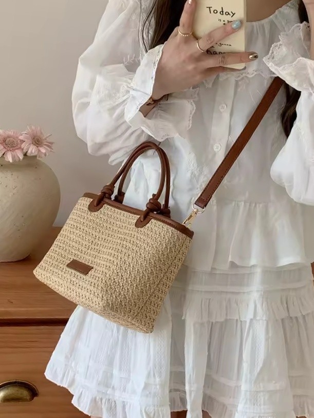 Straw Woven Crossbody Top Handle Knot Bucket Bag for Women Handbags