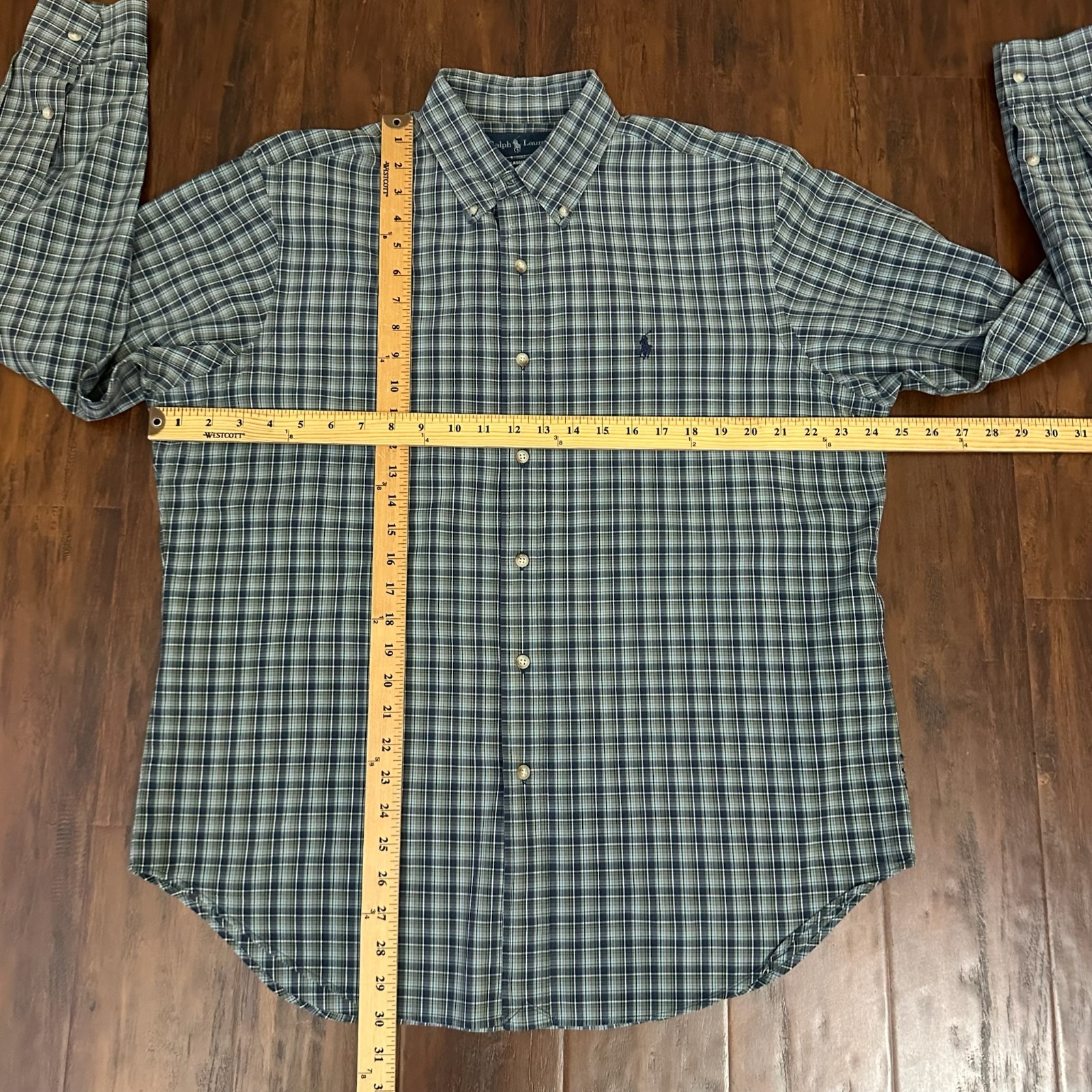RALPH LAUREN Shirt Mens L Blue Green Plaid Button Down Classic Fit Preppy Retro