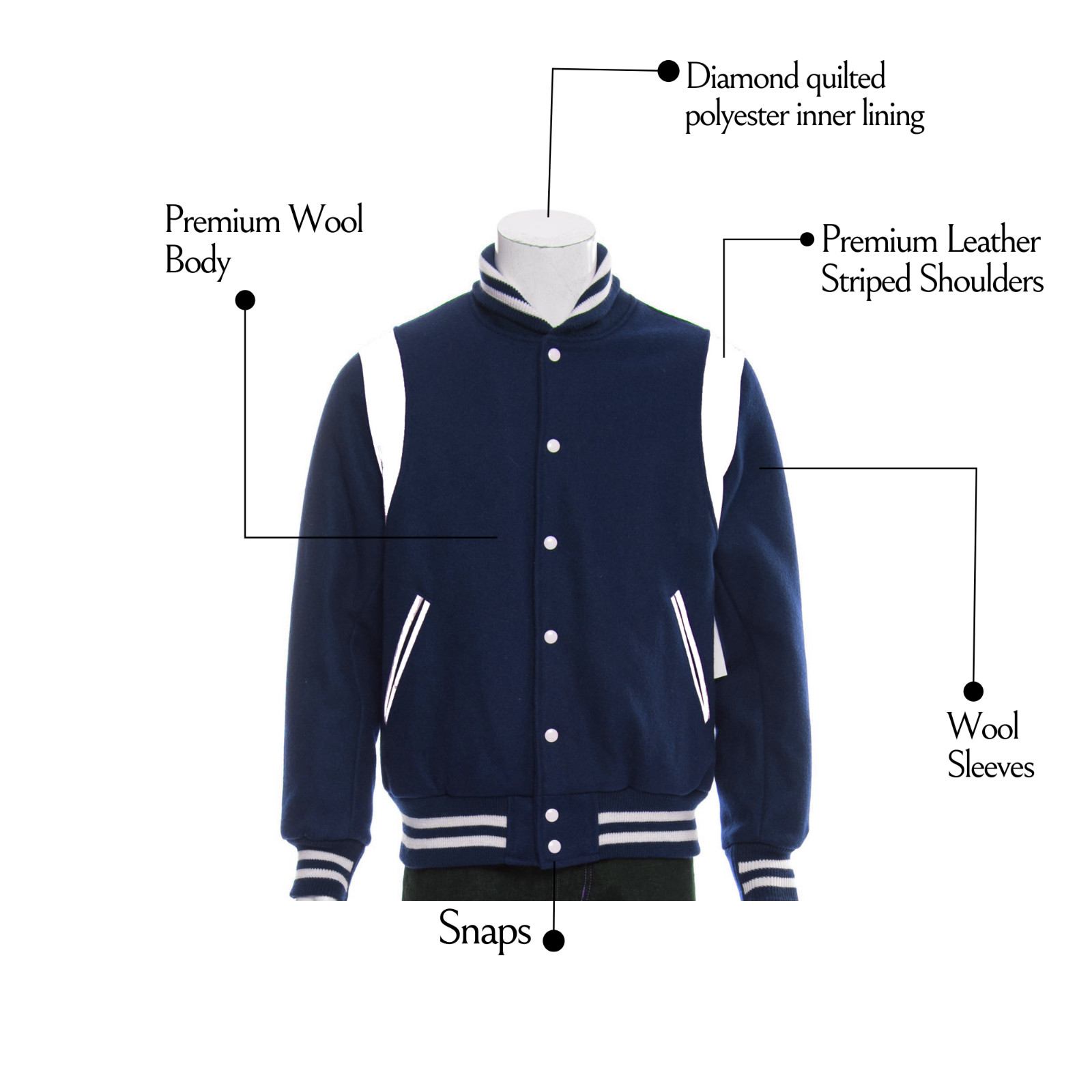 Varsity Letterman Navy Blue Jacket White Striped Shoulders For Men, Women & Kids