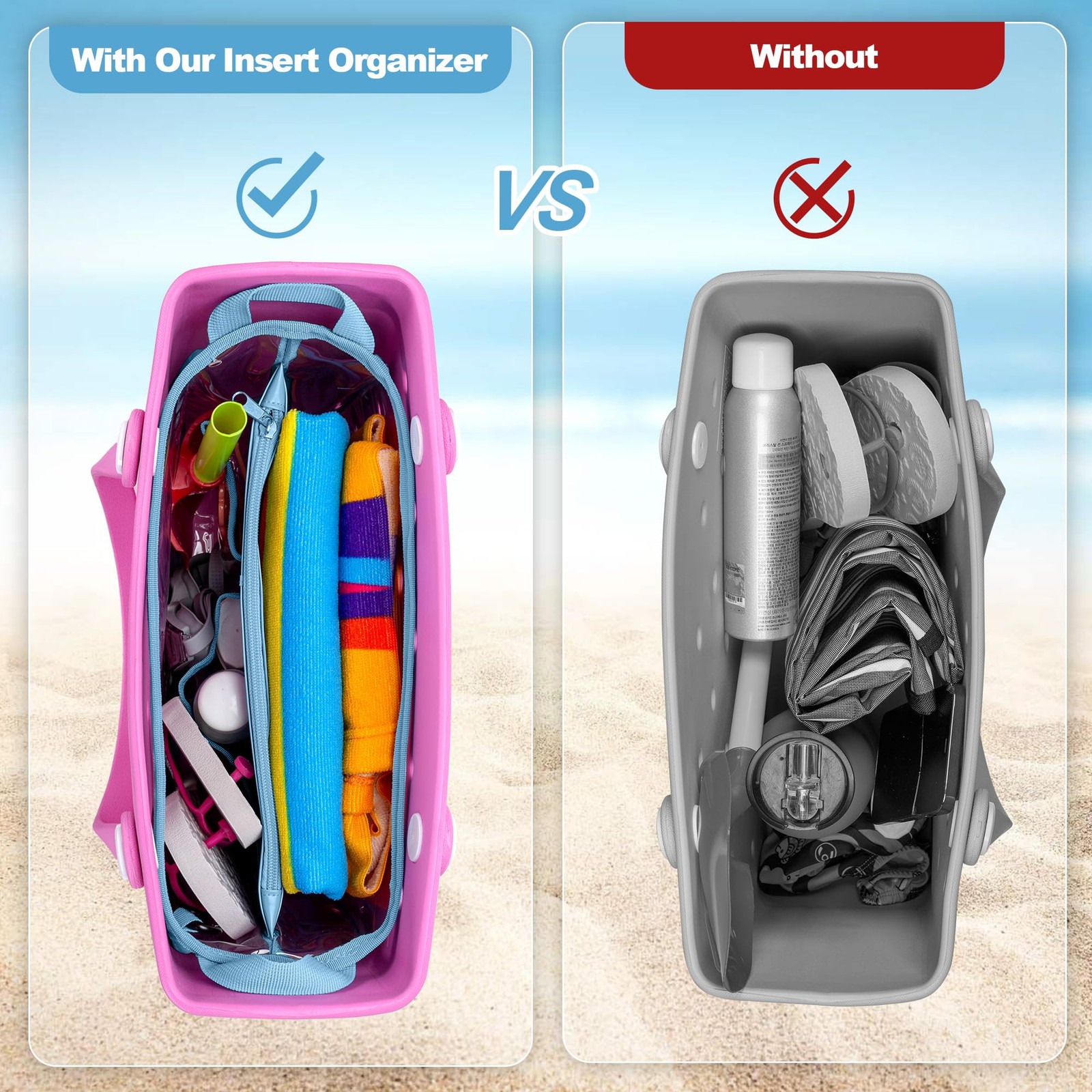 Beach Bag Organizer Insert (12.4in x 10.2in x 4.3in) Compatible with Bogg Bag…
