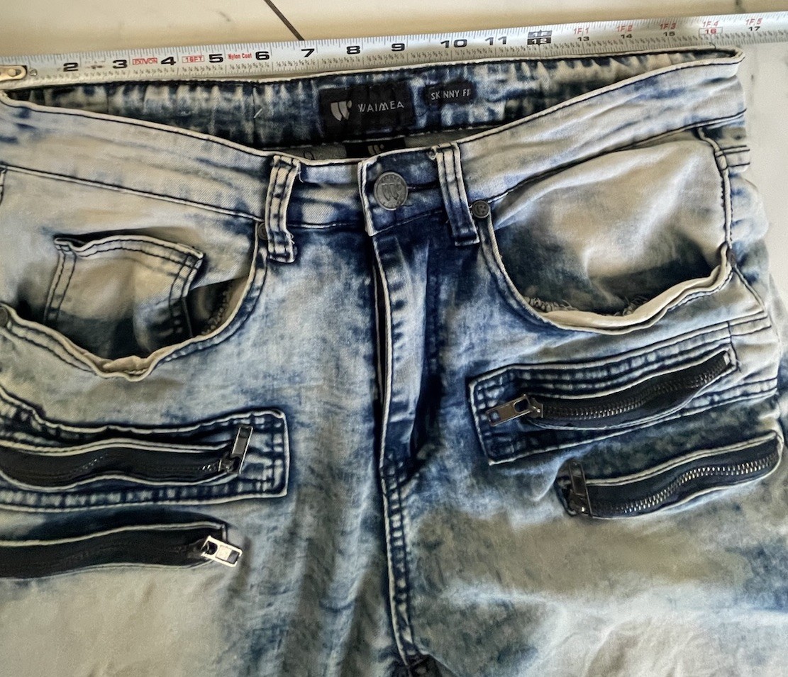 Waimea Men’s Stretch Skinny Denim Size 30 Acid Wash Moto Zipper Distressed Jeans