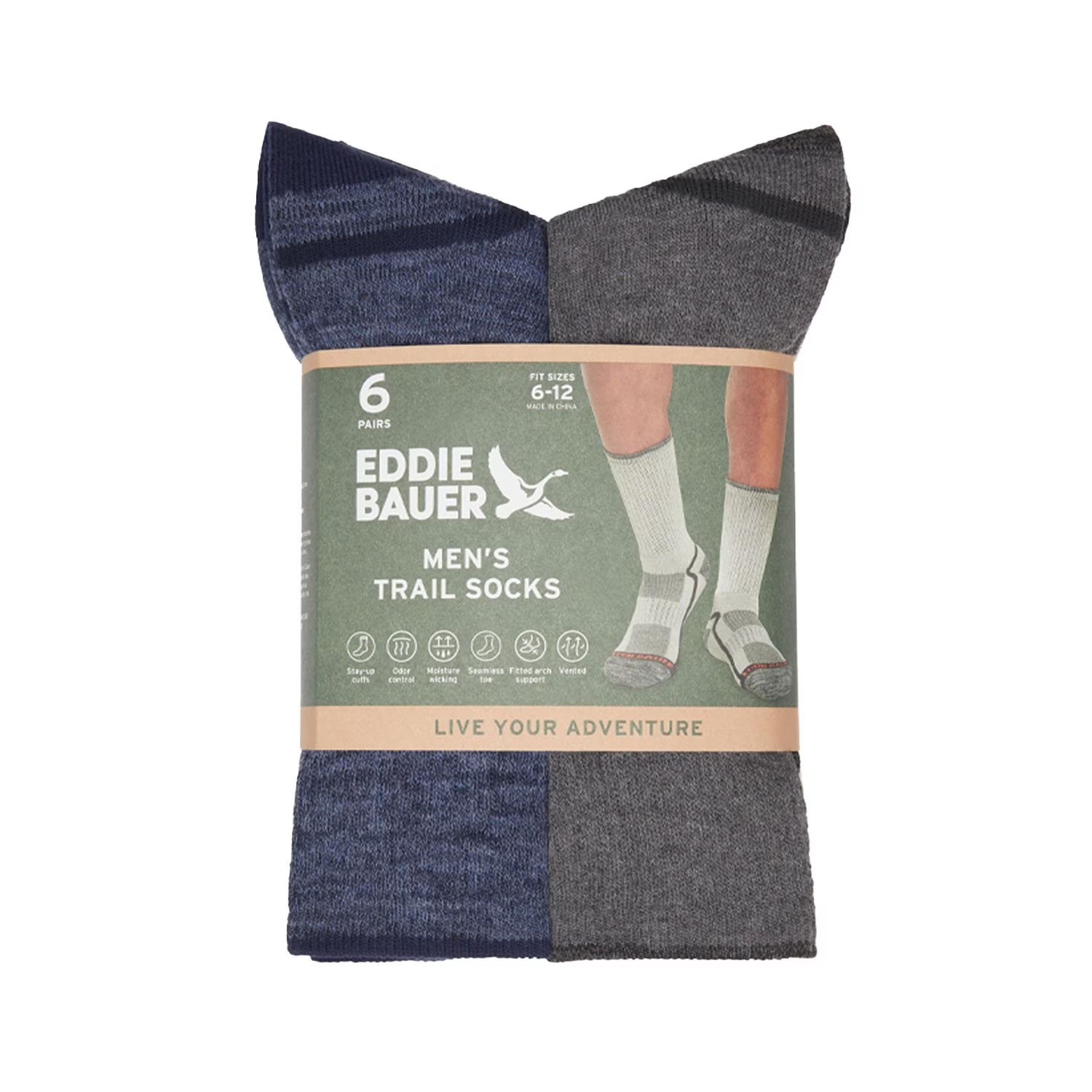 Eddie Bauer Trail Socks Arch Support Mens Sizes 6-12 Odor Control 6 Pairs New