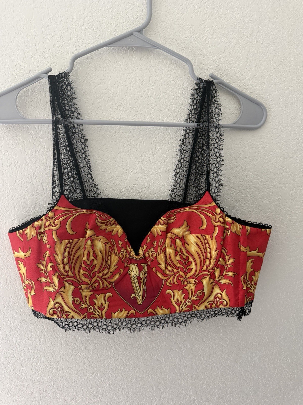 Gianni Versace Baroque Longline Underwired Bra Lace Straps Red/Gold 36A