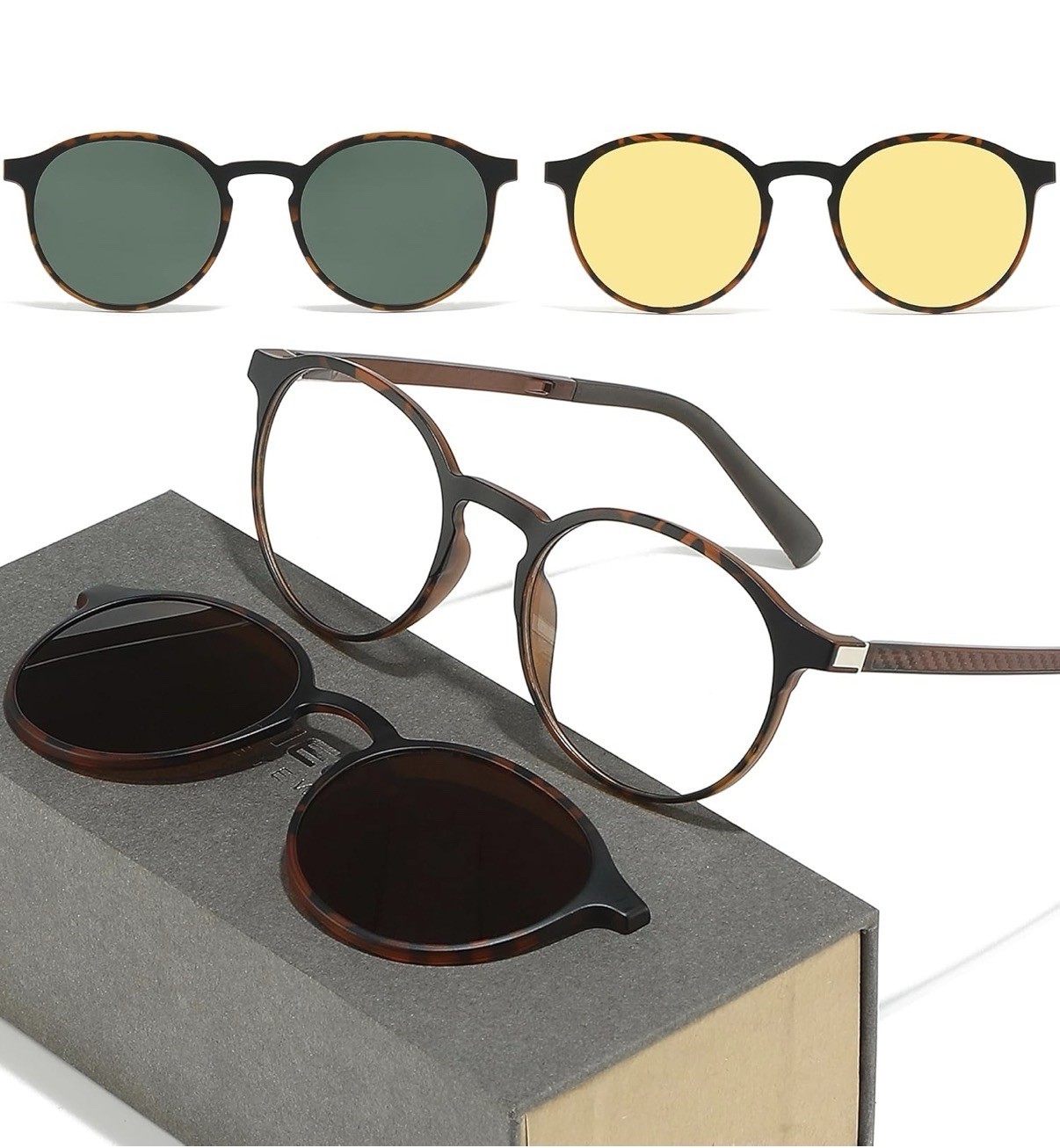 Retro Round Glasses Frame 3 in 1 Polarized Magnetic Clip-on – Easy Transition