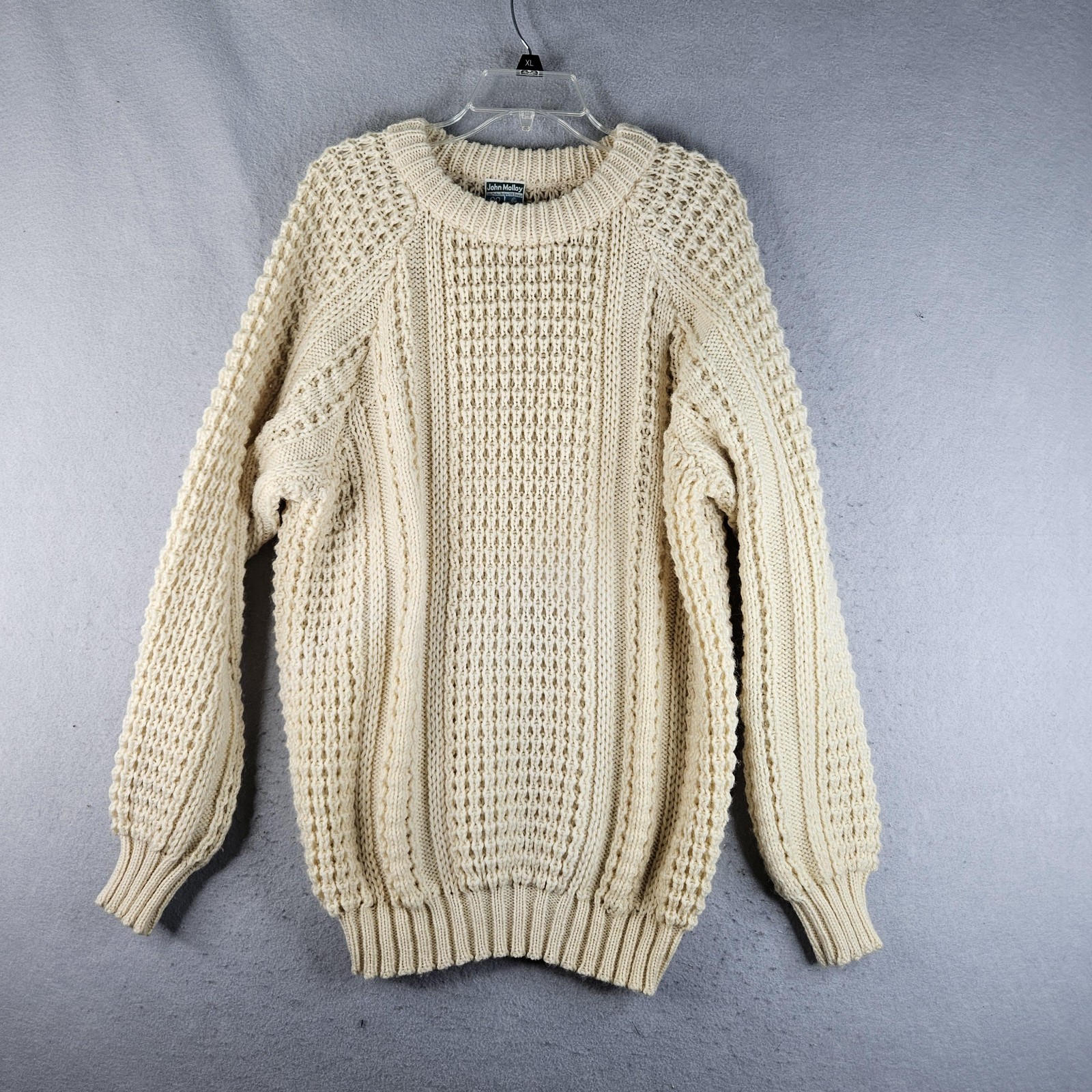 John Molloy Sweater Mens Large Cream Aran Fisherman 100% Wool Made in Ireland