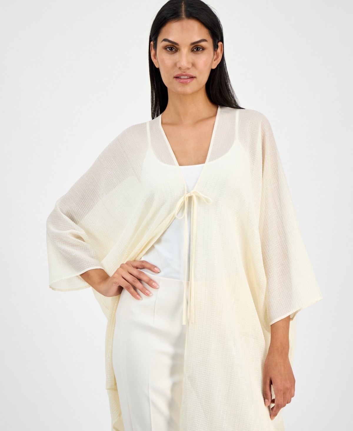 Anne Klein Tie-Front Kimono Top Women’s 1SZ It Dune Quarter Sleeves V-Neck