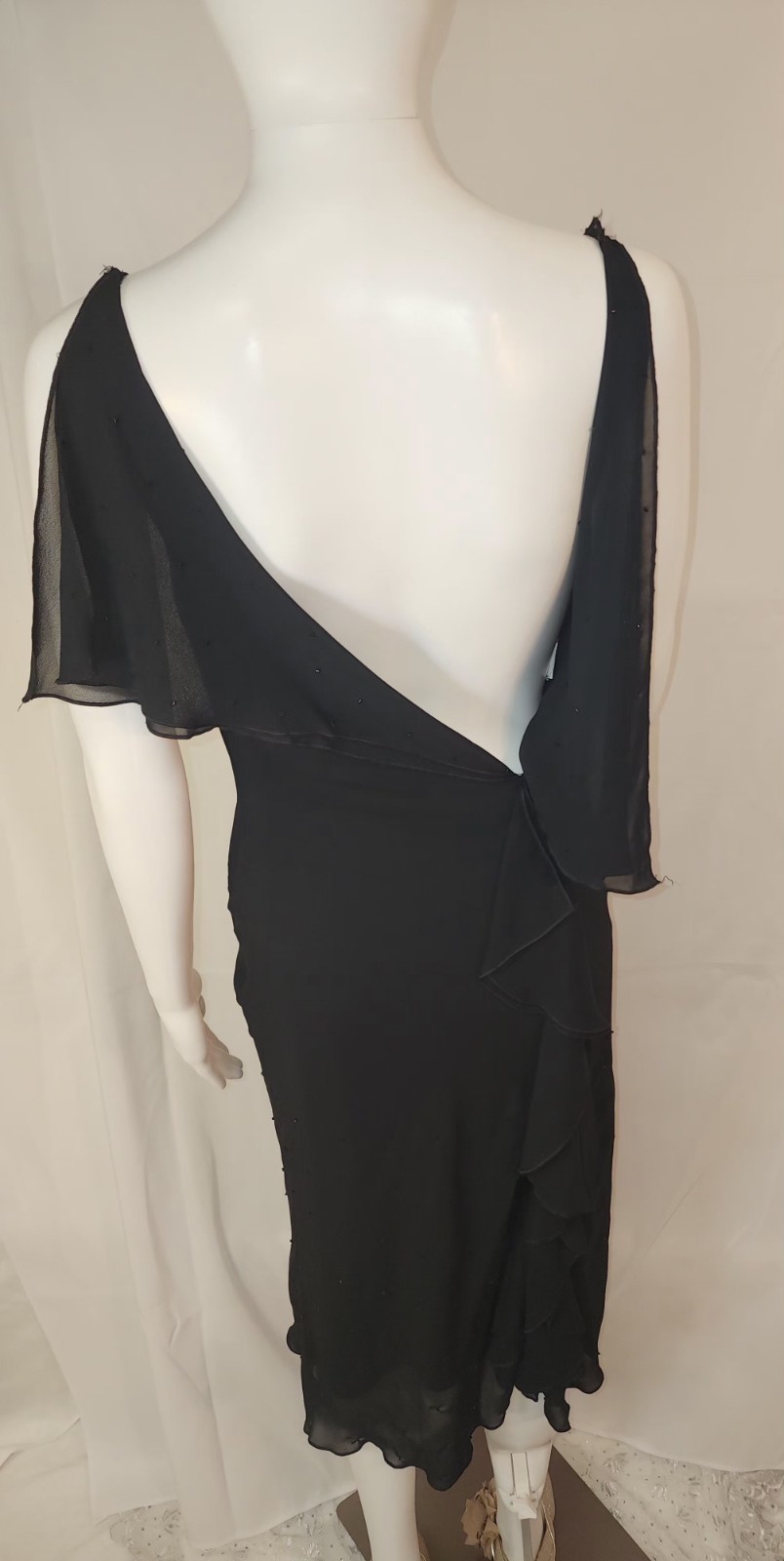 Lucia Figuredo,Black,Cascading Plunge,Flowing Sheer Overlay,Below Knee,SM,NWOT