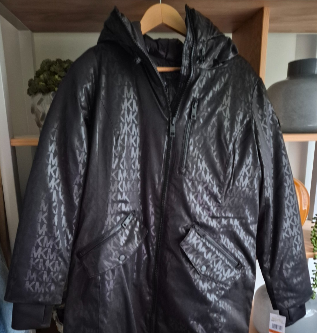 Michael Kors black multi logo print longline coat size S 42″ chest new cost £275