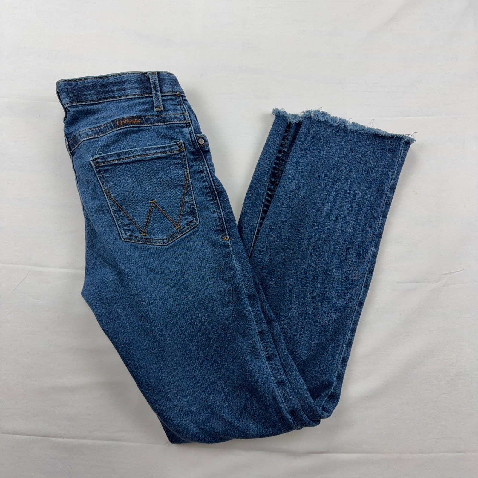 Wrangler Willow Ultimate Riding Jean Bootcut Raw Hem Size 7×34 Blue Denim