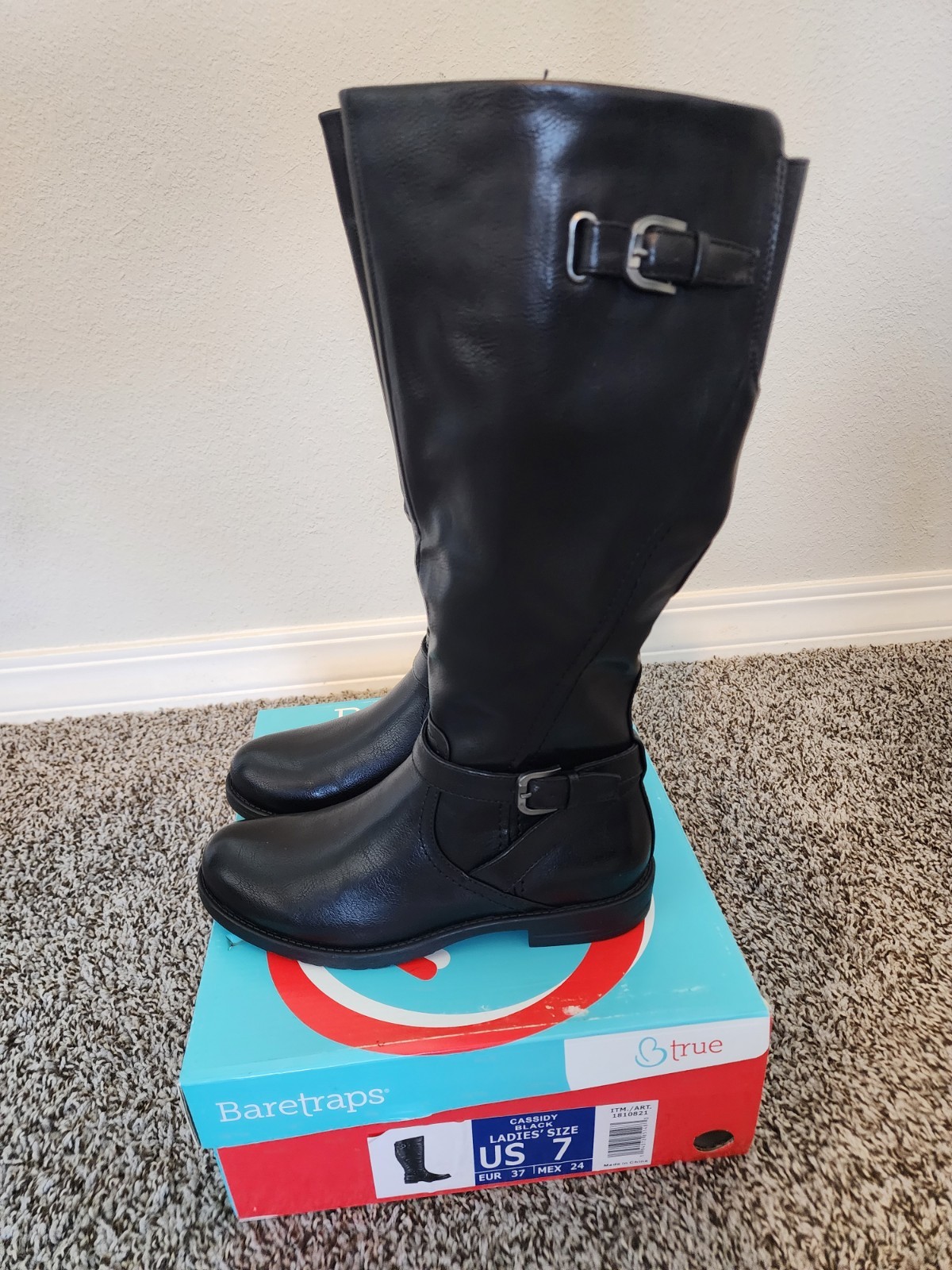 Baretraps Cassidy Black Knee High Riding Boots Buckle Zip Comfort US 7 M